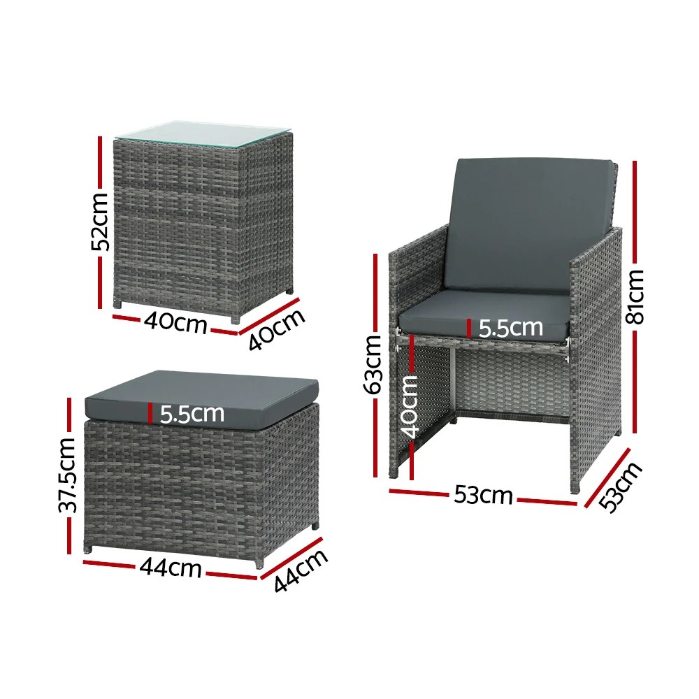 2 Gardeon 5PC Bistro Set Wicker Table and Chairs Ottoman Outdoor Furniture - Grey, 2 of 5