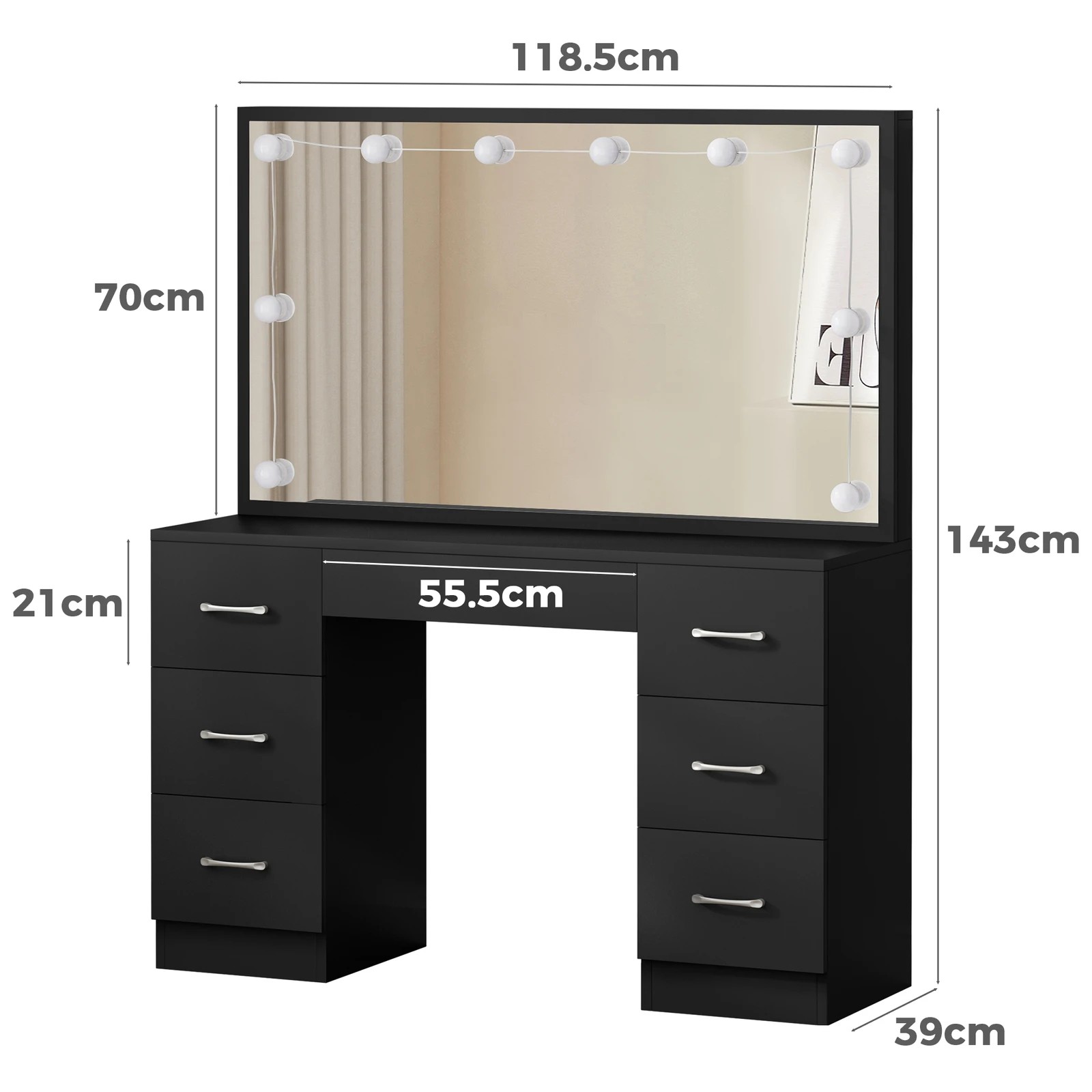 2 Alfordson Dressing Table Stool Set Makeup Mirror Desk LED 10 Bulbs - Black, 2 of 10