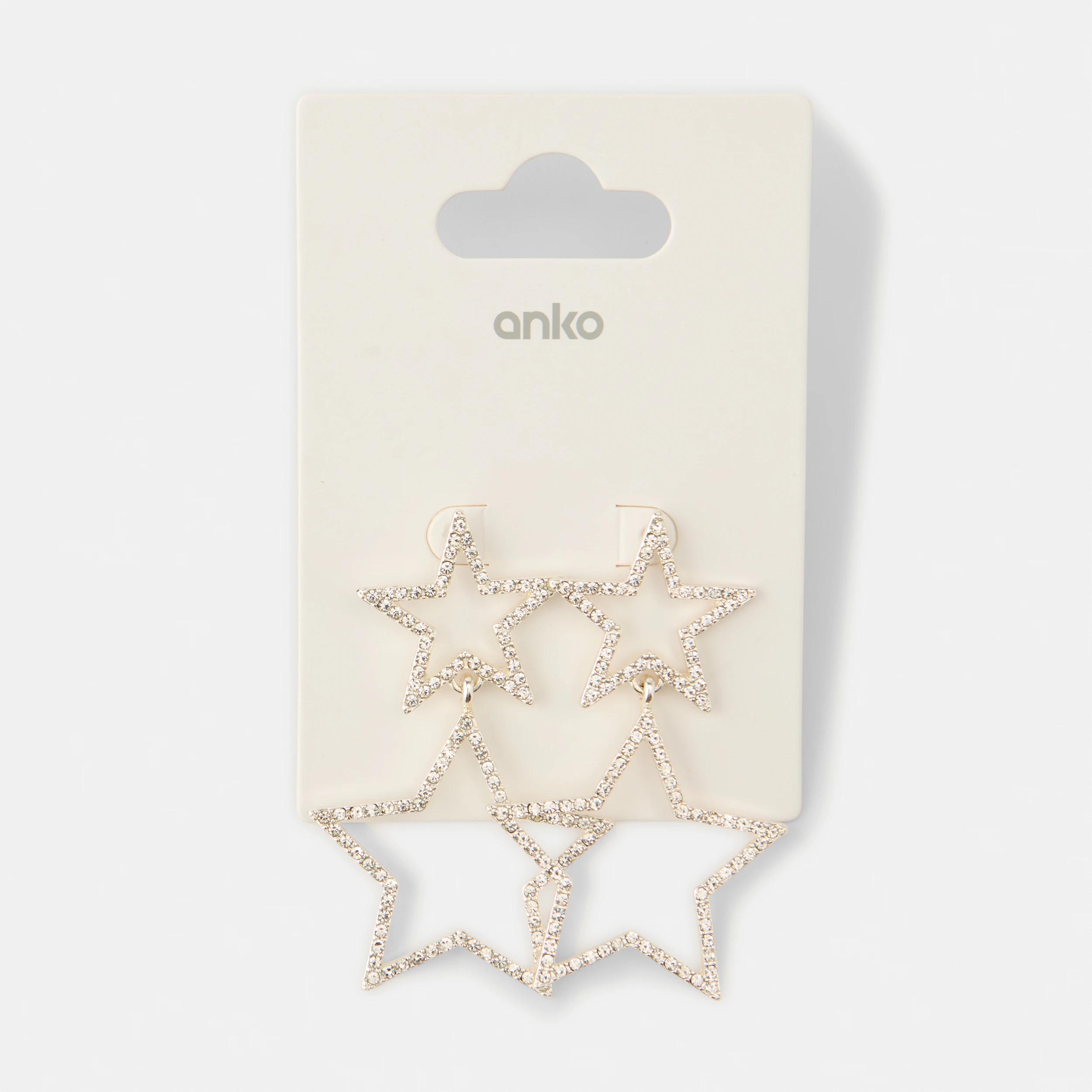 3 Double Star Diamante Drop Earrings - Silver Tone Silver, 3 of 3