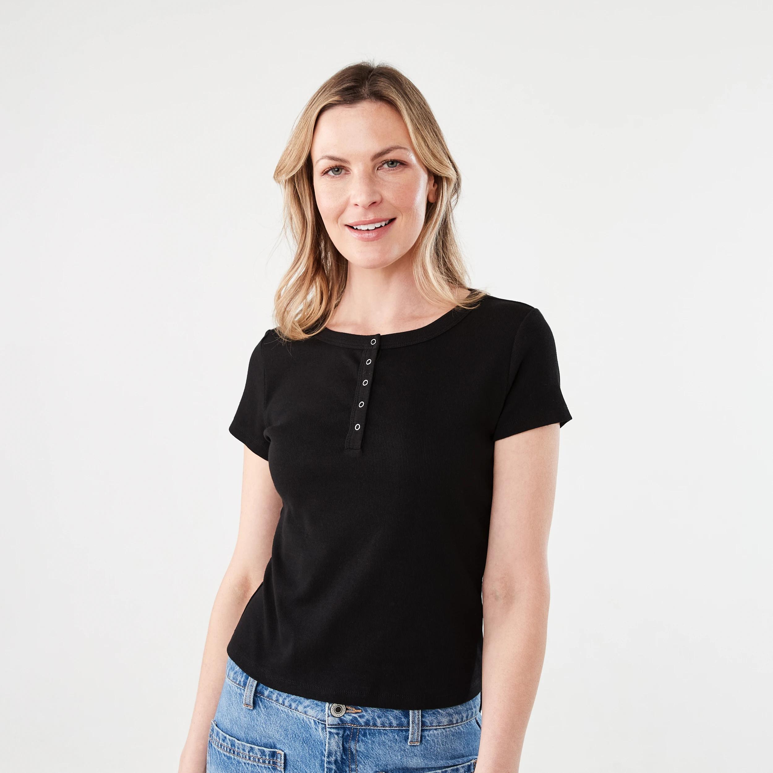 1 Short Sleeve Rib Henley T-shirt BLACK, 1 of 5