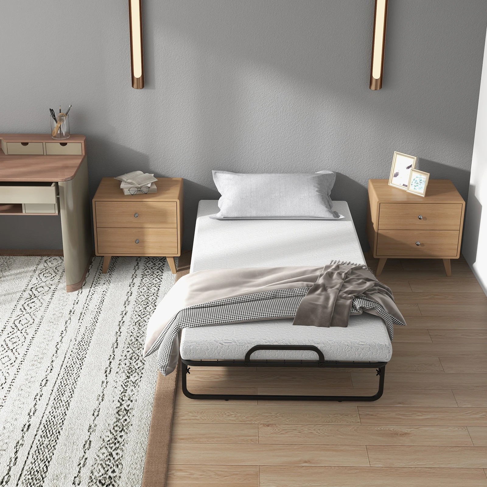 2 Costway Folding Metal Bed Frame w/Upholstered Platform Under-bed Storage Space Mattress Foundation, 2 of 4