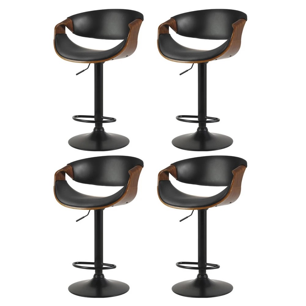 1 Artiss 4x Bar Stools Gas Lift Leather w/Armrest - Black, 1 of 5