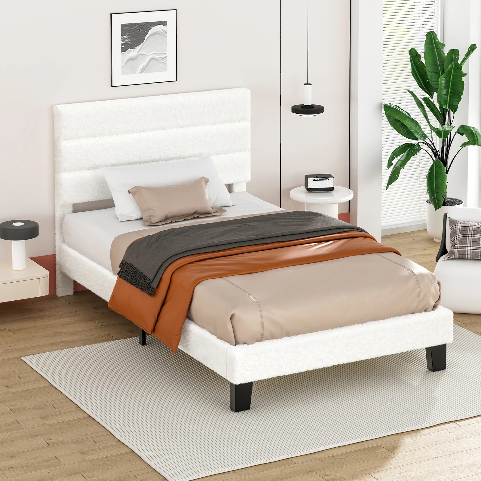 9 Alfordson Bed Frame Single Size Upholstered Platform Boucle Harlene - White, 9 of 10