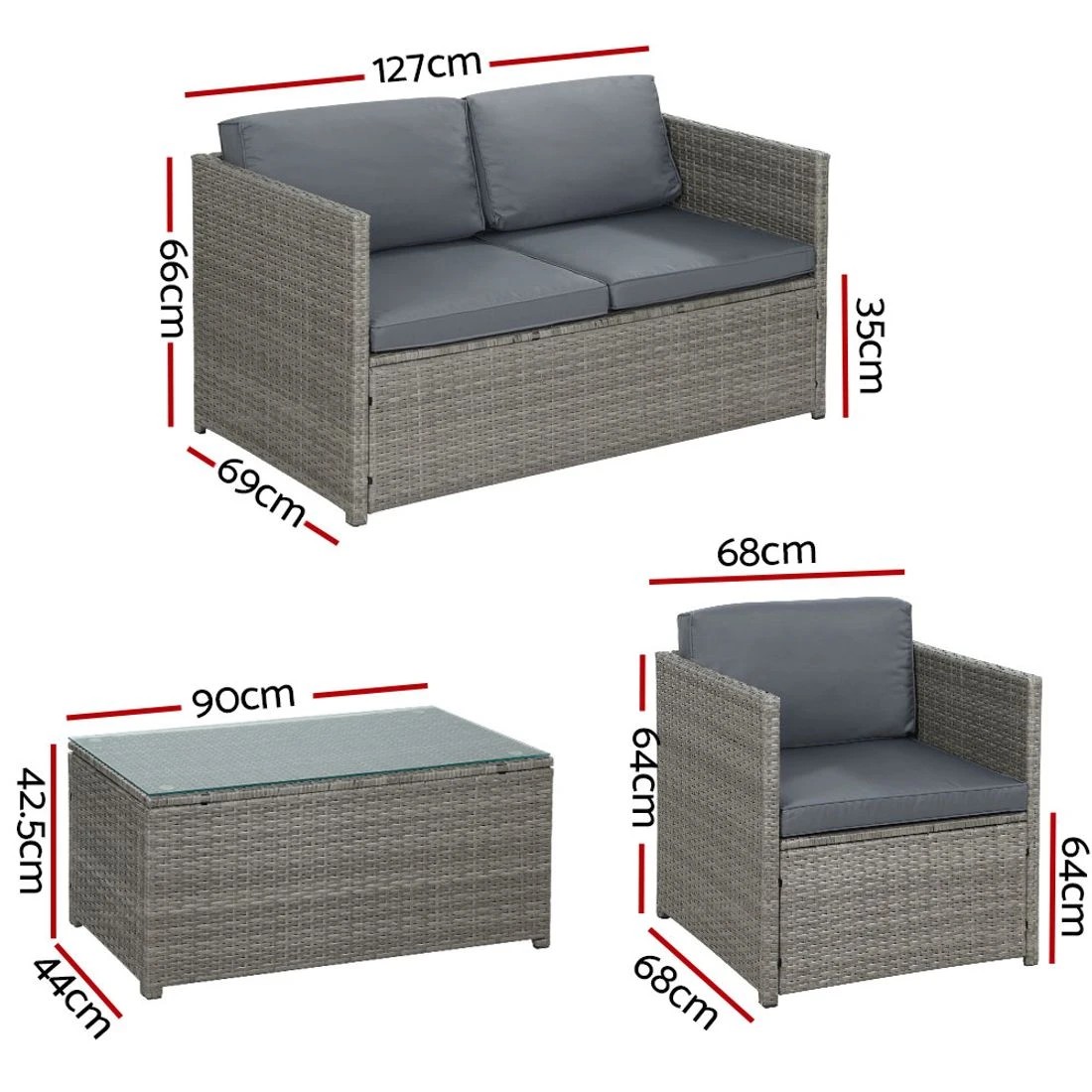 1 Gardeon 4-Piece Outdoor Sofa Set Wicker Couch Lounge Setting - Grey, 1 of 5