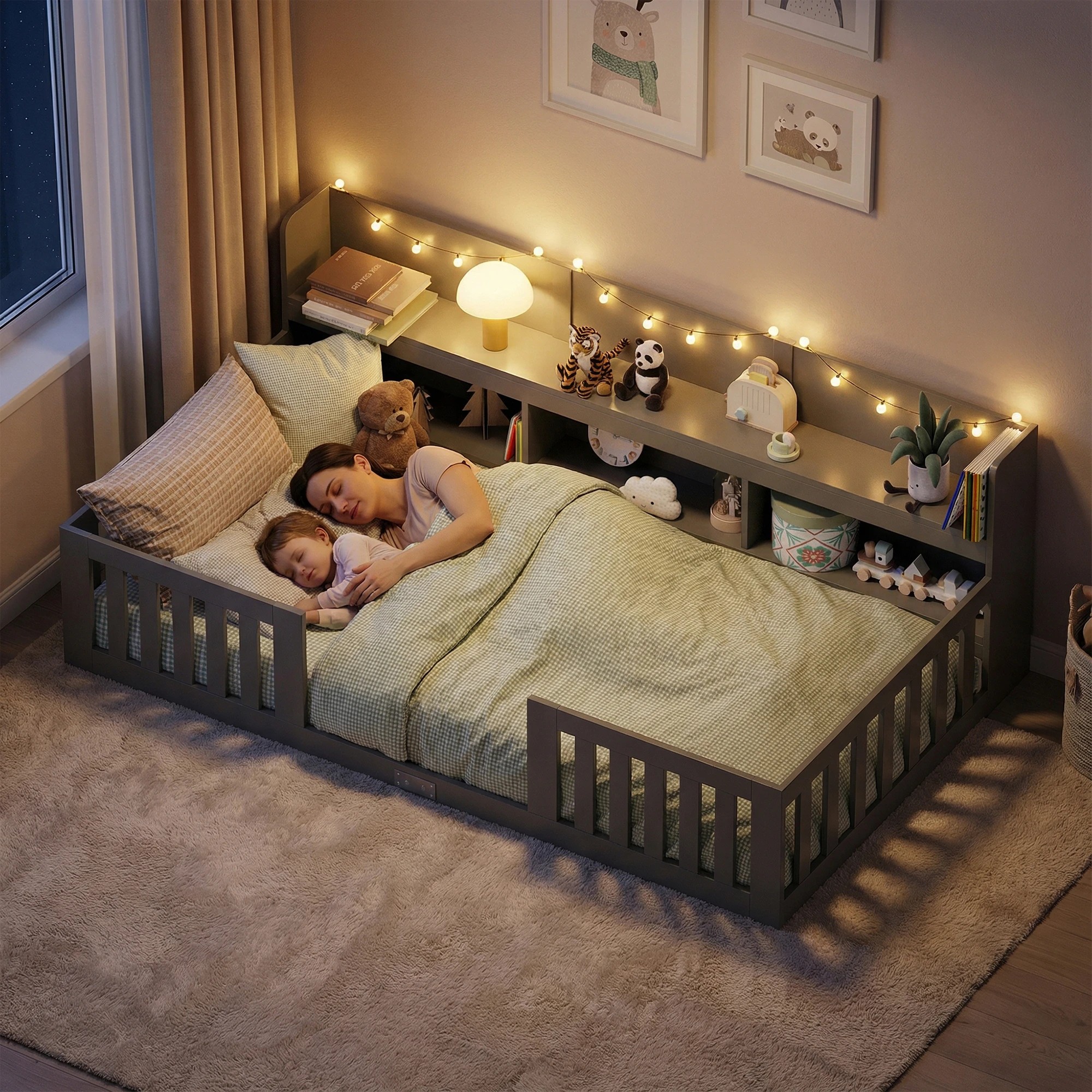 9 Advwin Kids Bed Frame with bookcase Wood Montessori Toddler Floor Bed with Safety Guardrail - Grey, 9 of 10