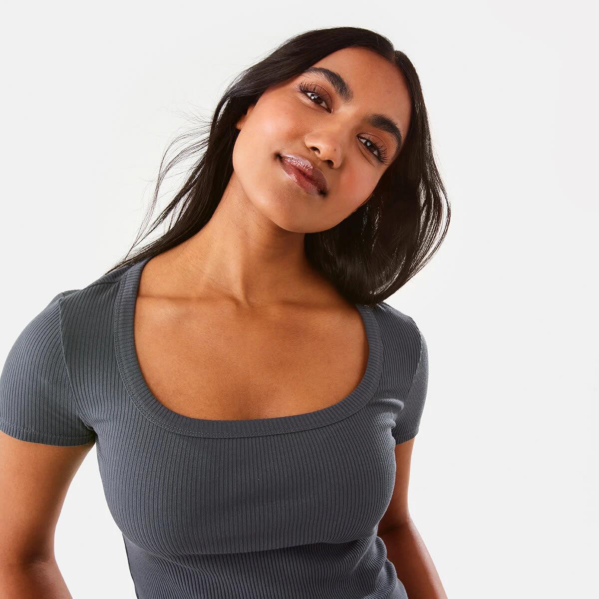 7 Short Sleeve Ribbed Square Neck T-shirt Lead Grey, 7 of 9