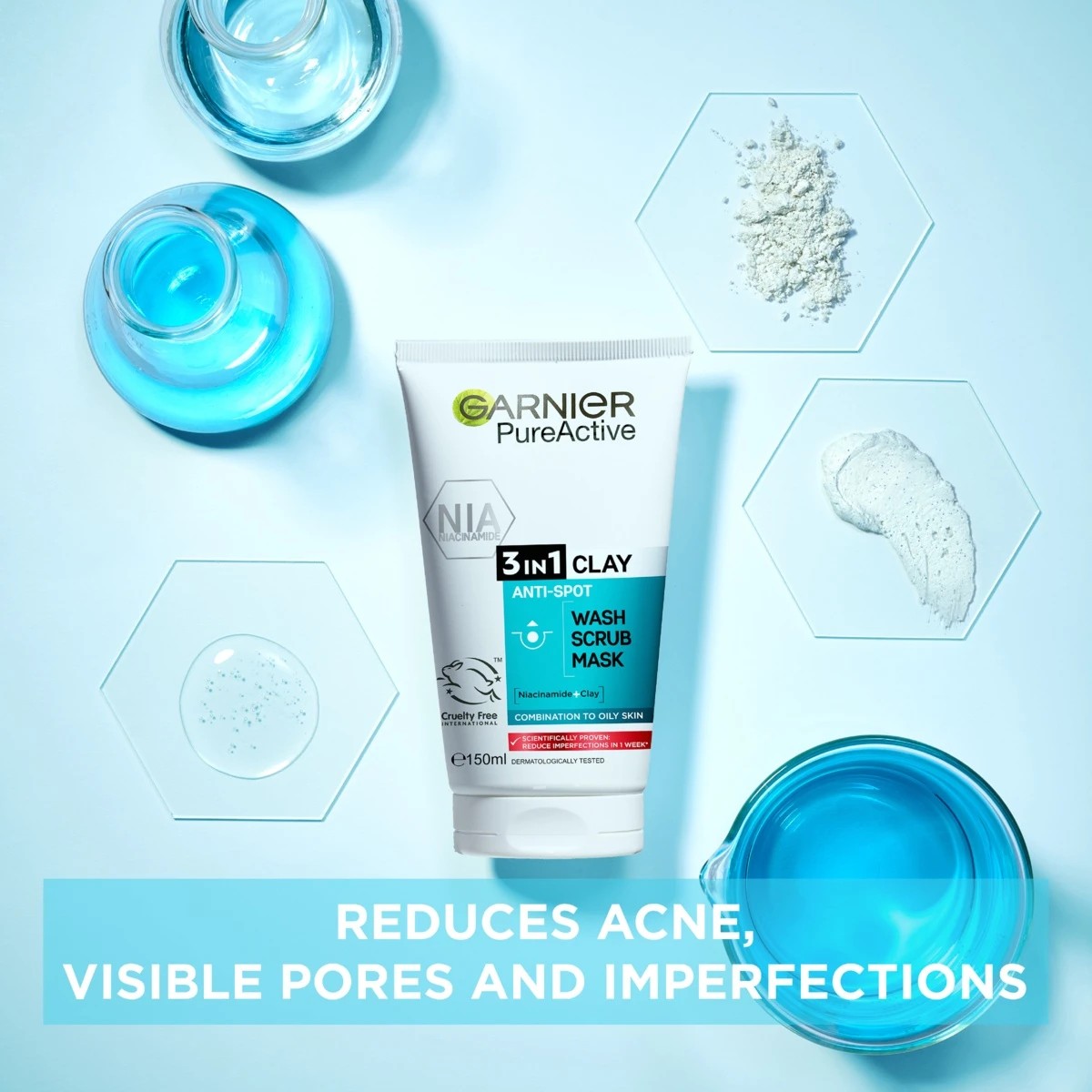 2 Garnier SkinActive PureActive 3-in-1 Anti-Spot Wash, Scrub and Mask 150ml - Clay and Niacinamide, 2 of 7