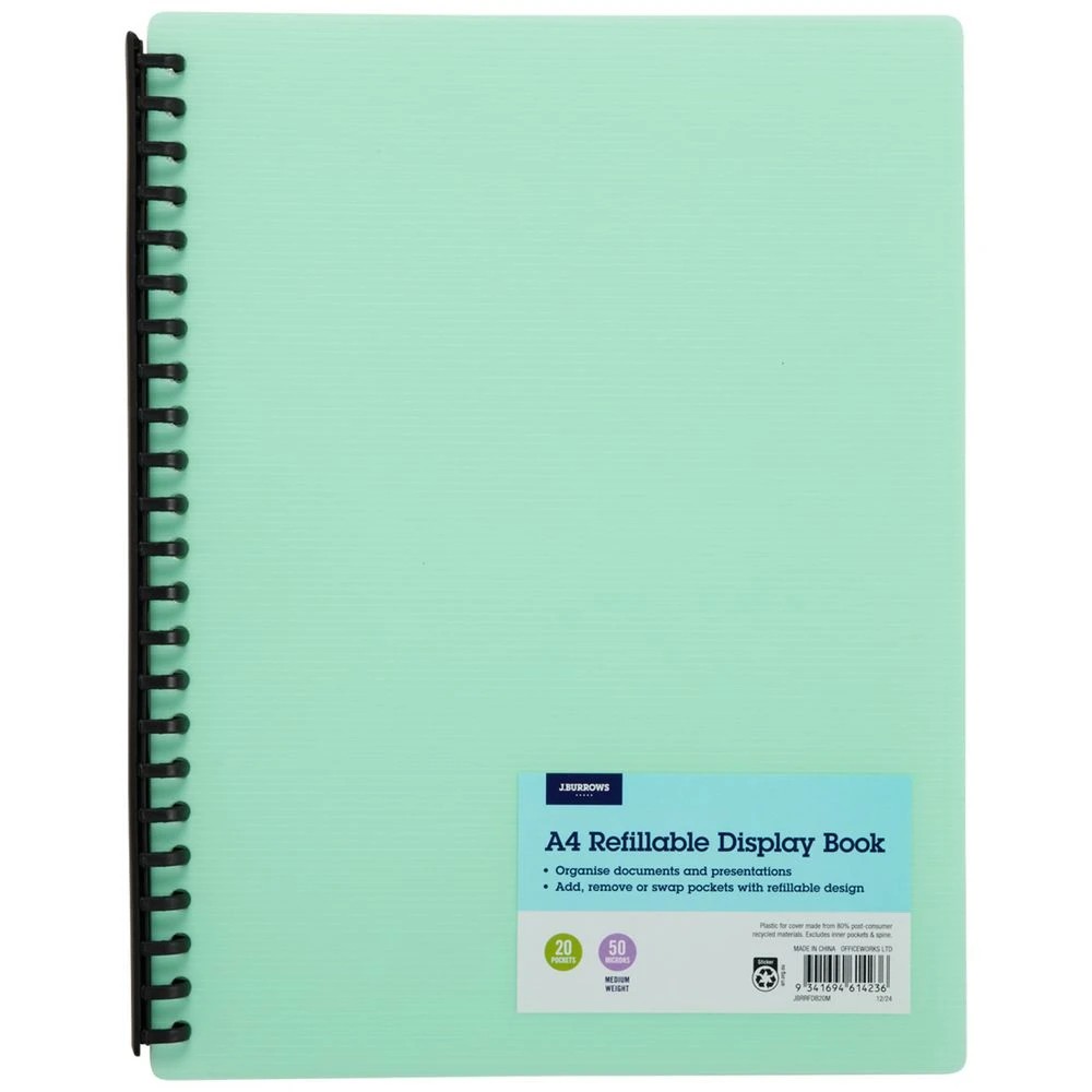 1 J.Burrows A4 Refillable Display Book 20 Pockets Mint, 1 of 5
