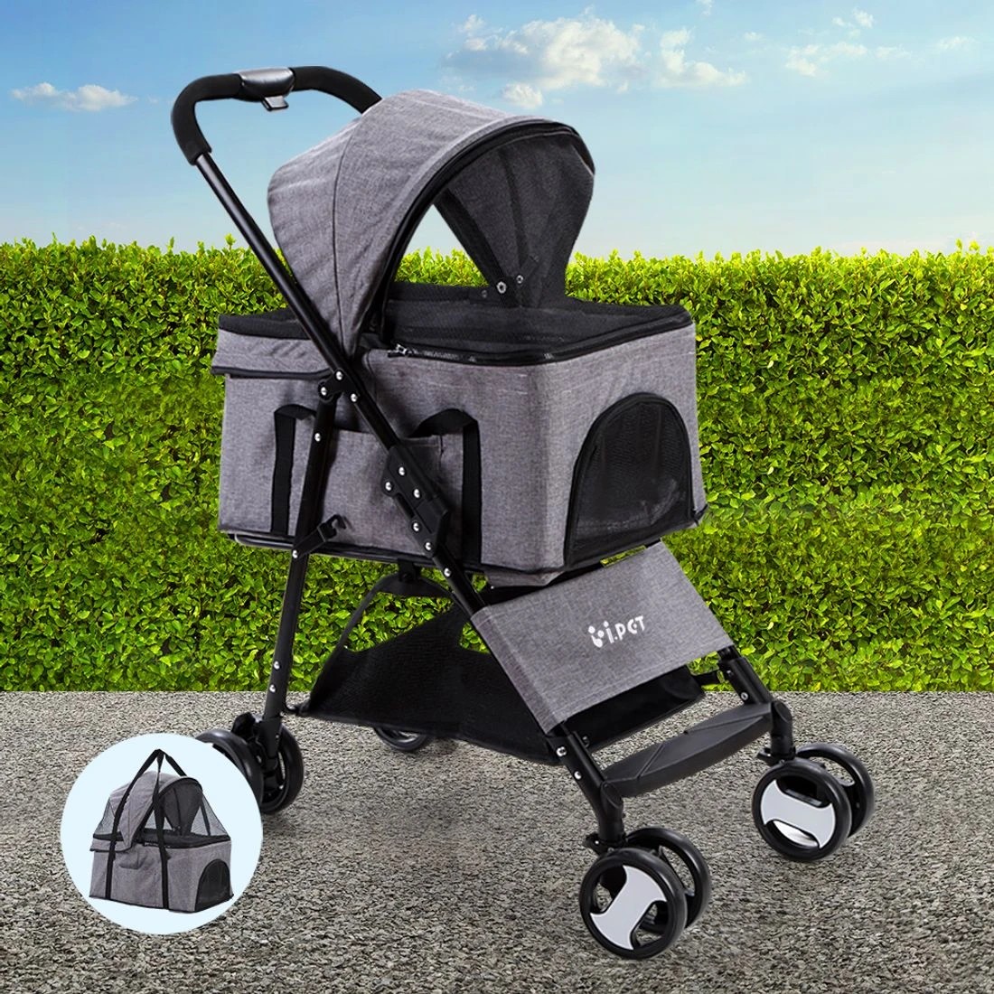 3 i.Pet Pet Stroller Dog Pram Cat Carrier Travel Large Pushchair Foldable 4 Wheels - Grey, 3 of 6