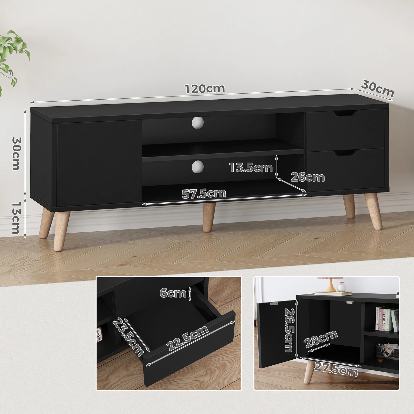 3 Alfordson Entertainment Unit 120cm TV Cabinet Stand Storage Drawer - Black, 3 of 10