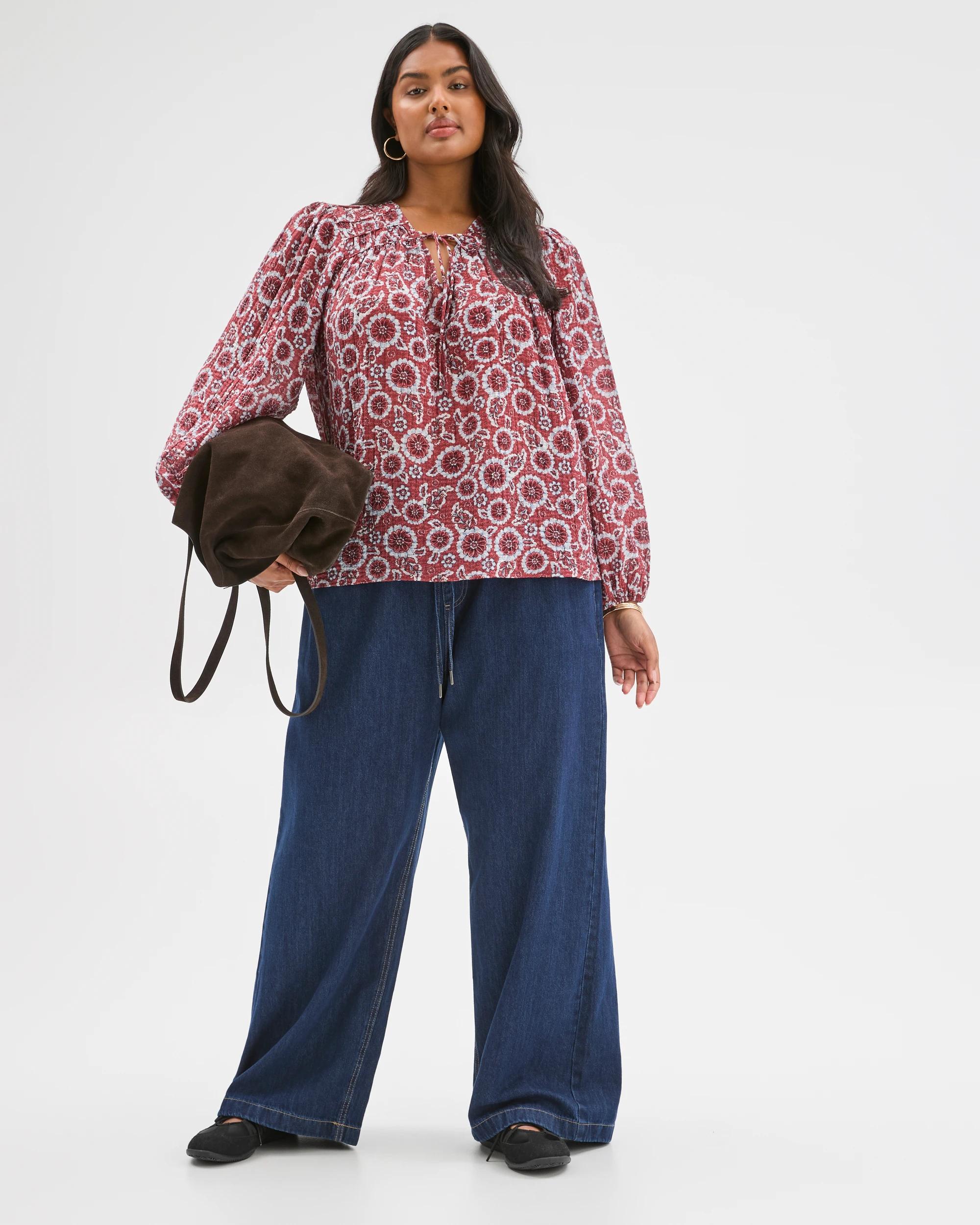 1 Target Curve Plus Size Long Sleeve Printed Gather Detail Blouse RED FLORAL, 1 of 6