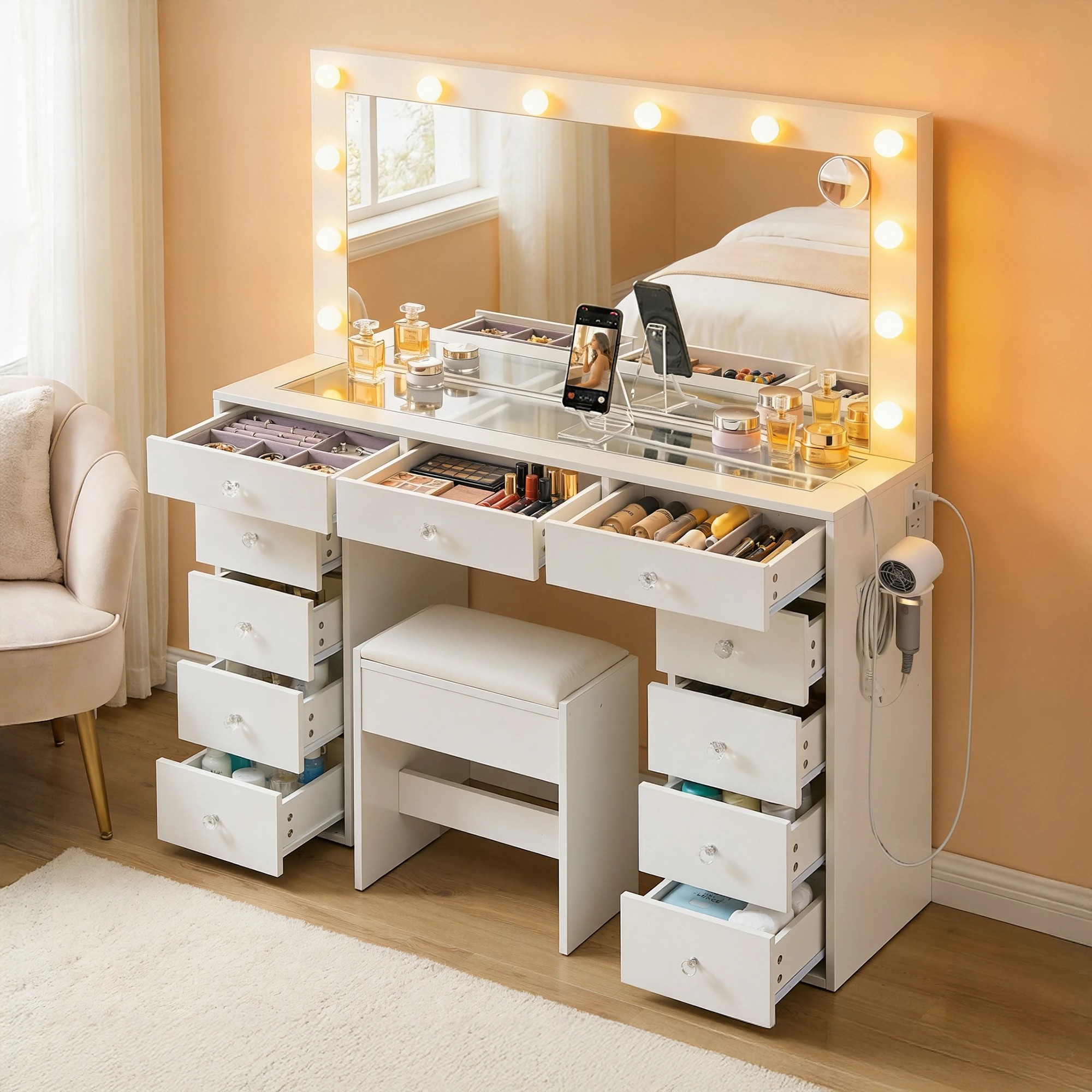 5 Artiss Dressing Table Vanity Desk Set Stool LED Bulbs - White, 5 of 9