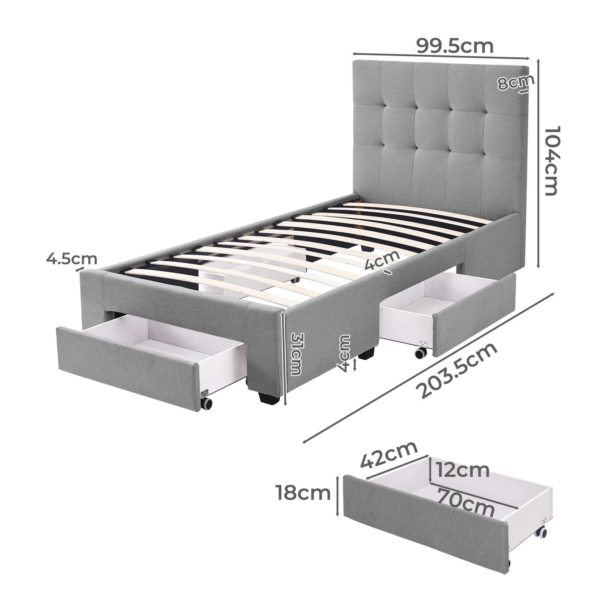 3 Levede Single  Fabric Bed Frame Base With Storage Drawers - Grey, 3 of 9