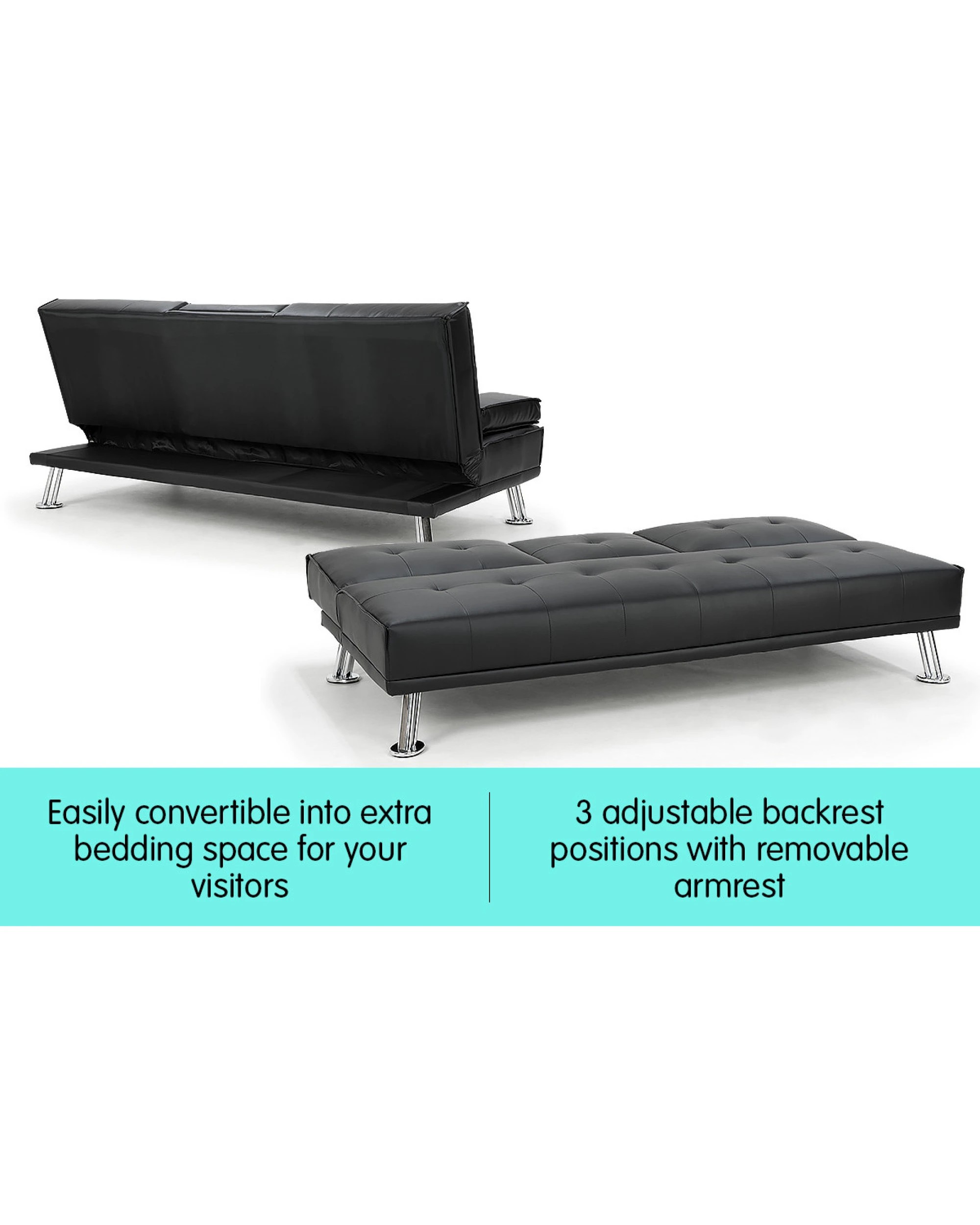 4 Sarantino Faux Leather Sofa Bed Lounge Furniture - Black, 4 of 7