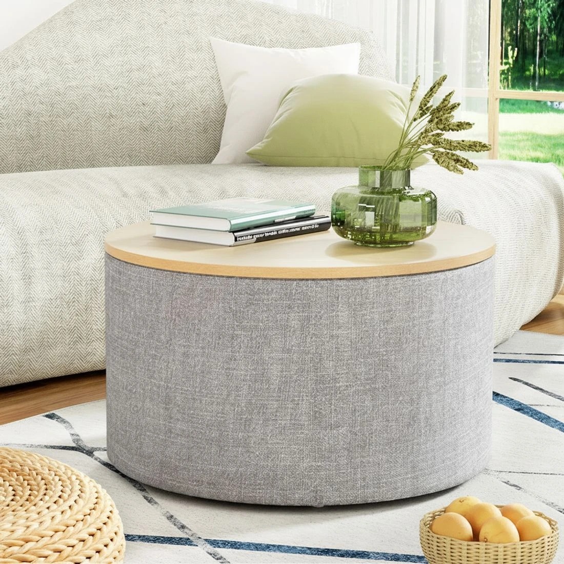 3 Artiss Storage Ottoman Blanket Box 60cm Linen Round - Multi, 3 of 6