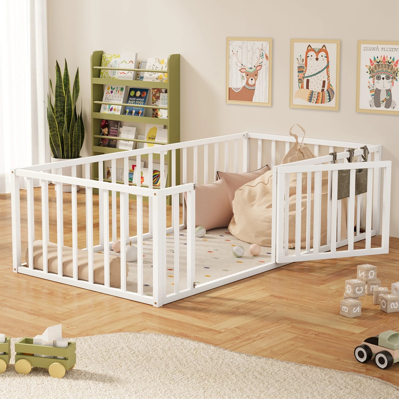 3 Oikiture 2-in-1 Kids Bed Play Centre Wooden Fence Gate Single - White, 3 of 8