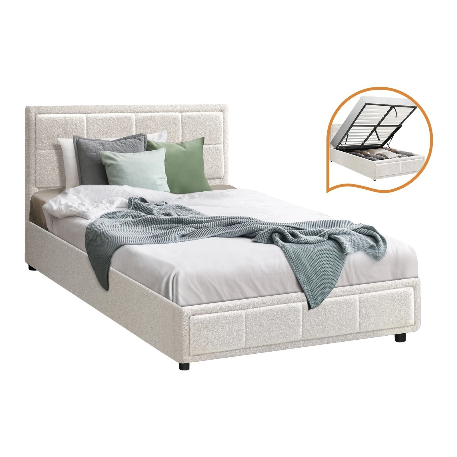 1 Oikiture King Single Bed Frame Gas Lift Storage Base Boucle Fabric - White, 1 of 9