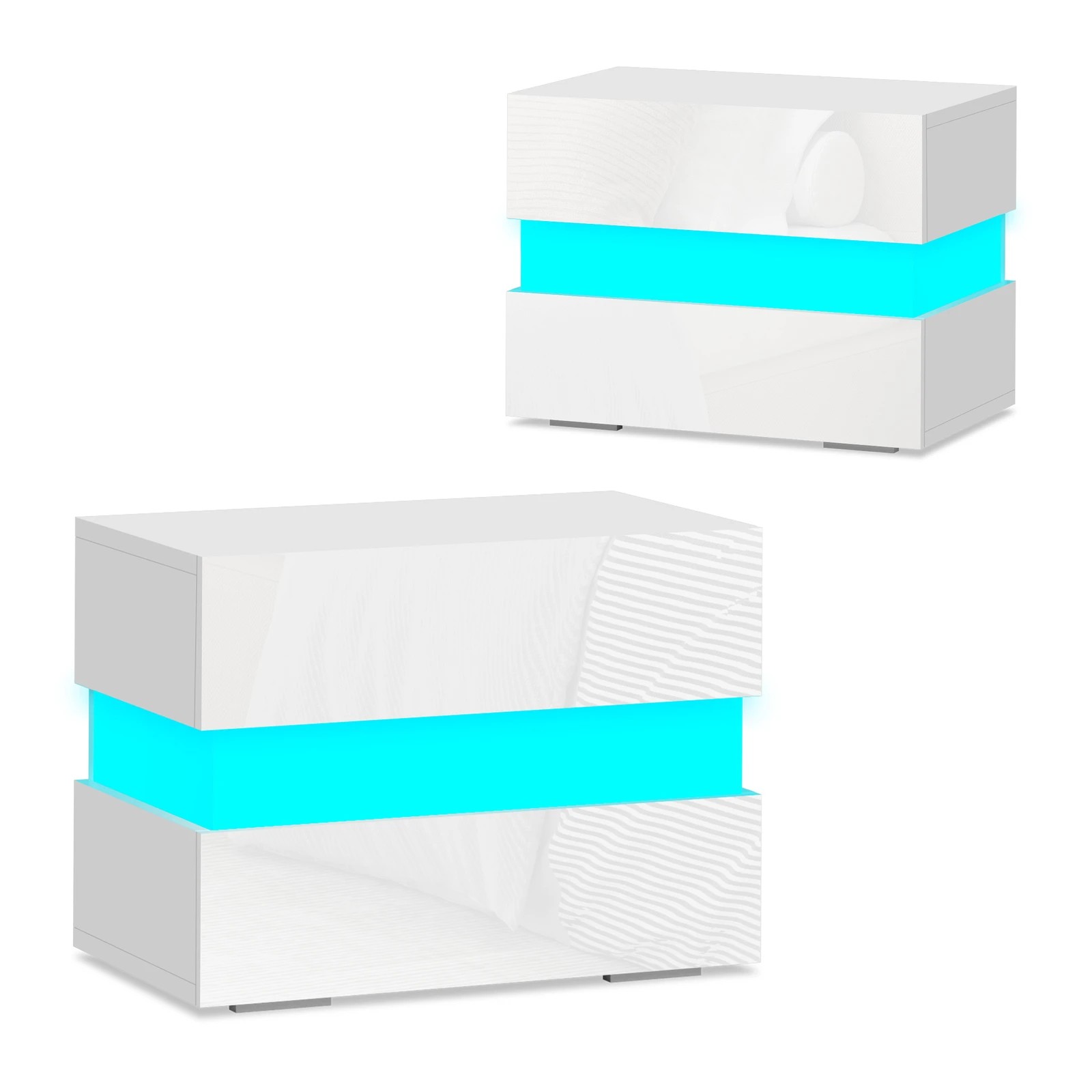 1 Alfordson 2x Bedside Table LED Nightstand 2 Drawers Gloss - White, 1 of 10