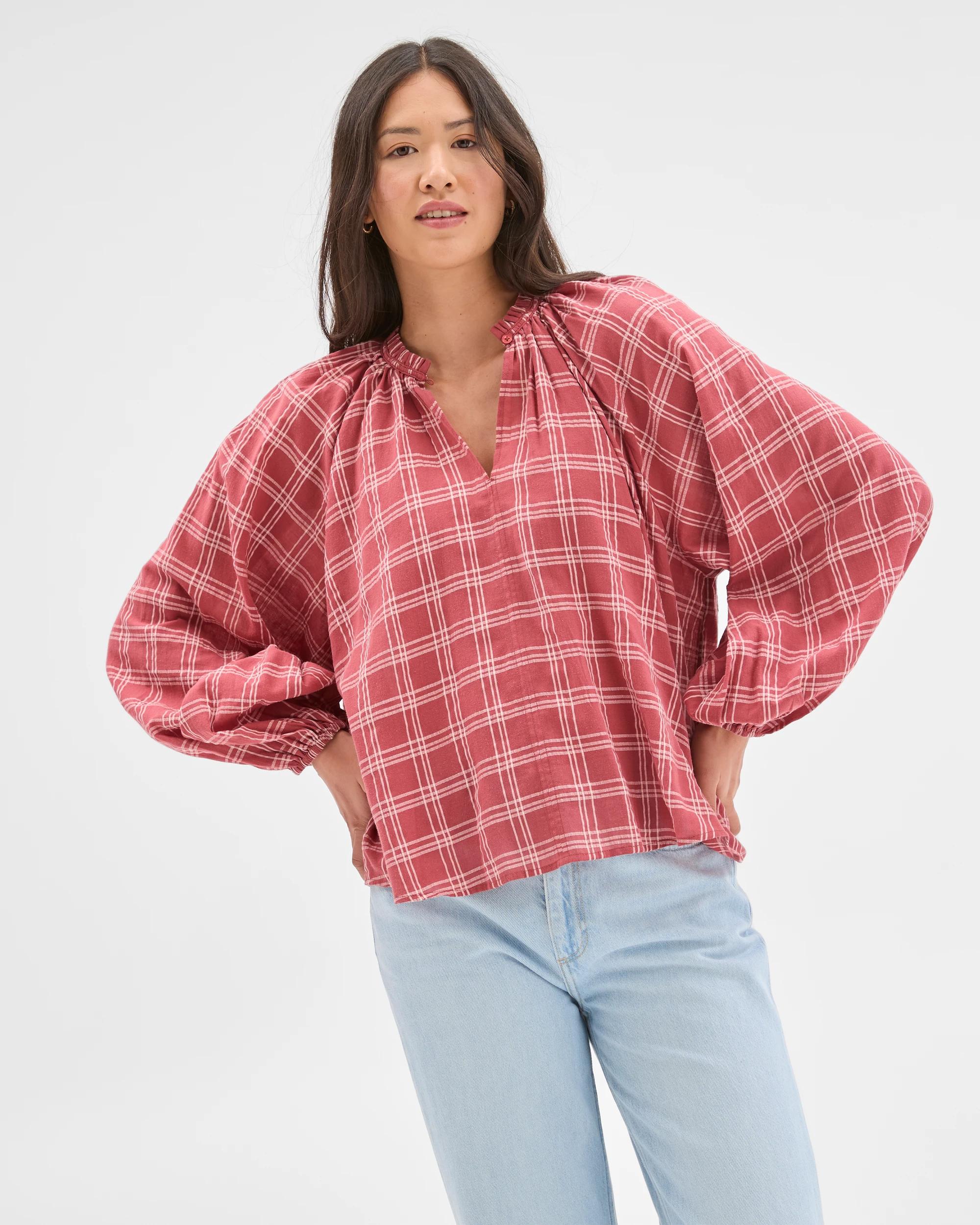 1 Target Woman Long Sleeve Check Detail Blouse MARSALA, 1 of 5