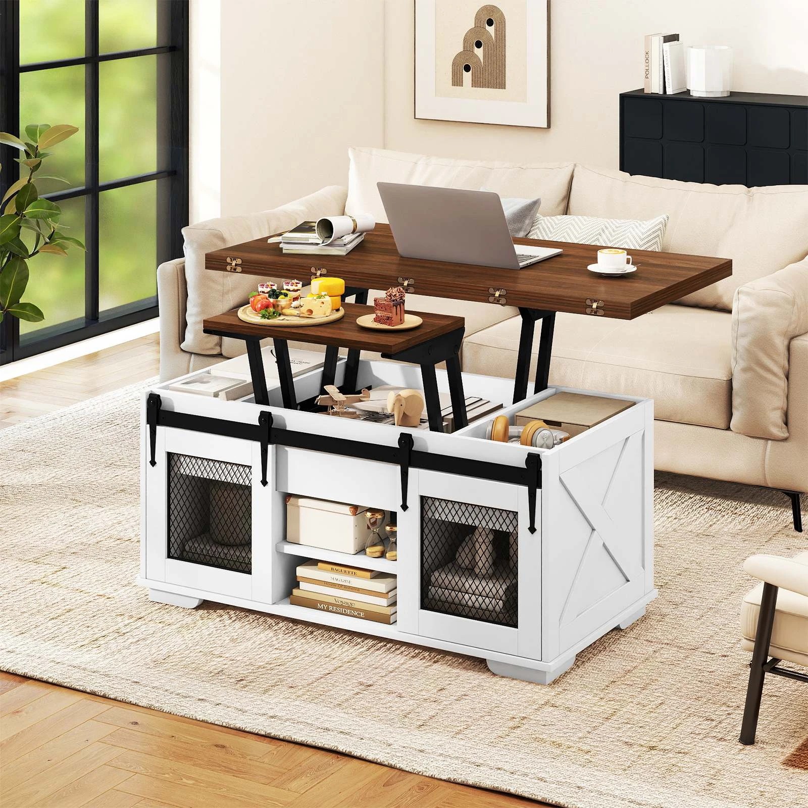 3 Costway Lift Top Coffee Table 3-in-1 Dining Table Farmhouse Center Table, 3 of 4