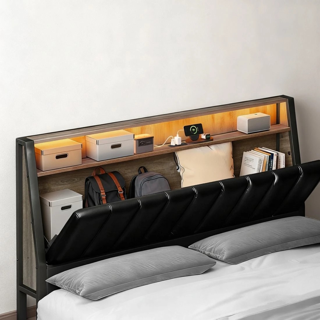 4 Artiss Double Bed Frame LED Storage Headboard with Charging Station - Black, 4 of 6