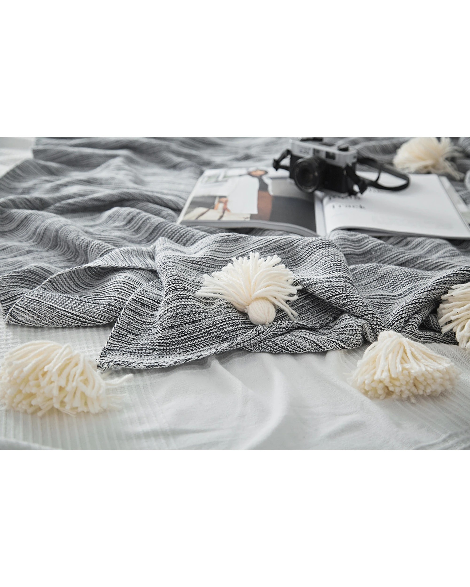 2 Cotton More 100% Cotton Tassel Knitted Sofa Bed Blanket 130x180cm - Black, 2 of 3