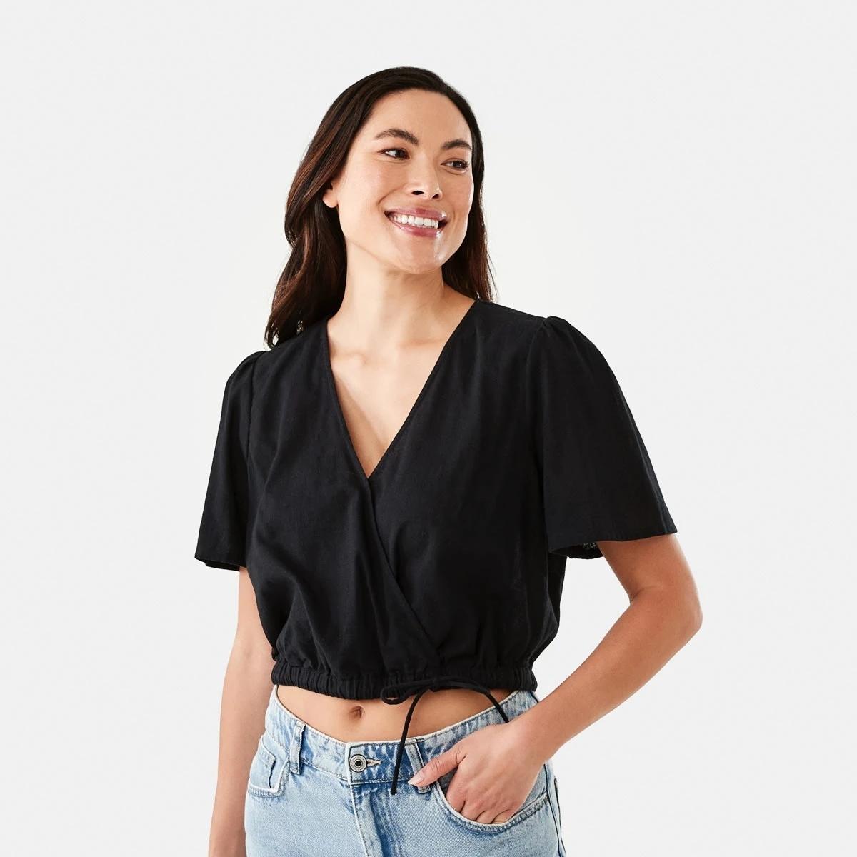 1 Short Sleeve Wrap Tie Top Black, 1 of 9
