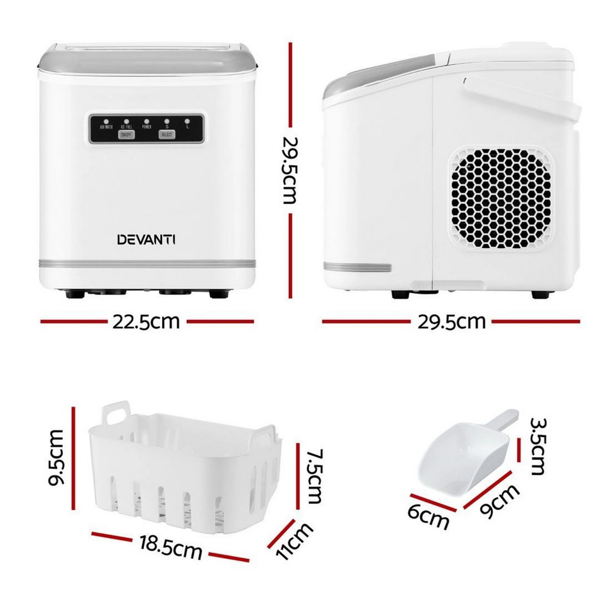 2 Devanti Ice Maker Machine Portable 12kg Countertop w/Self Cleaning 1.3L - White, 2 of 7