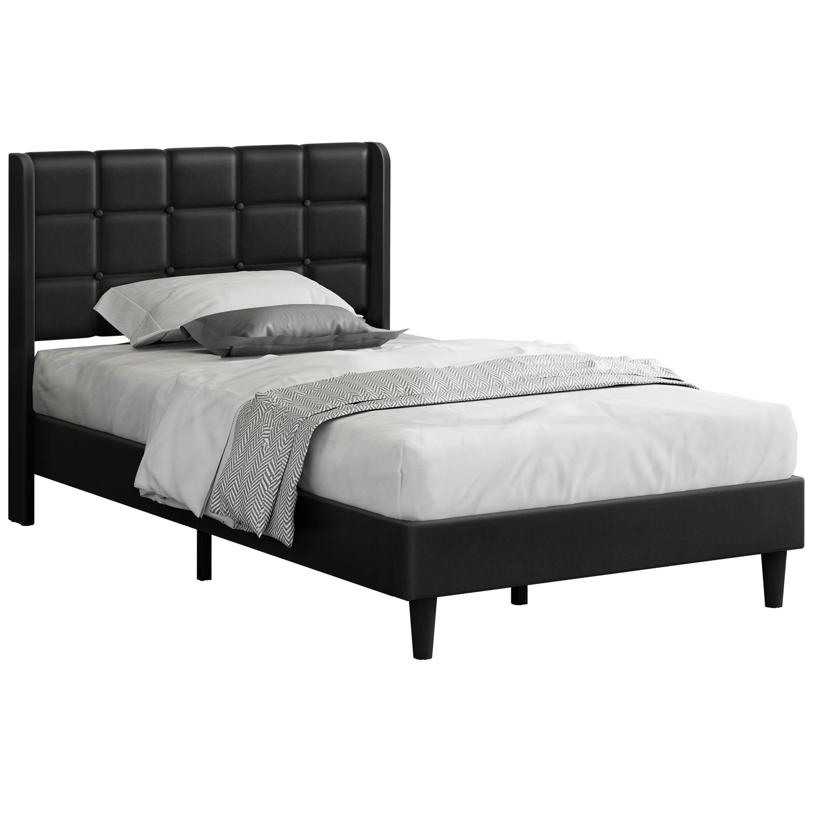 1 Alfordson Bed Frame Single Size Upholstered Wingback Base Leather Sarah - Black, 1 of 10