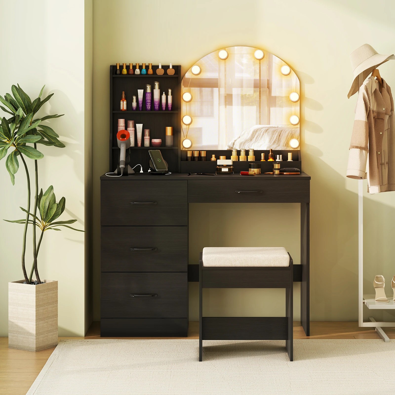 2 Costway 3-Color LED Dressing Table Stool Set w/Charging Station Makeup Vanity Desk Set, 2 of 4