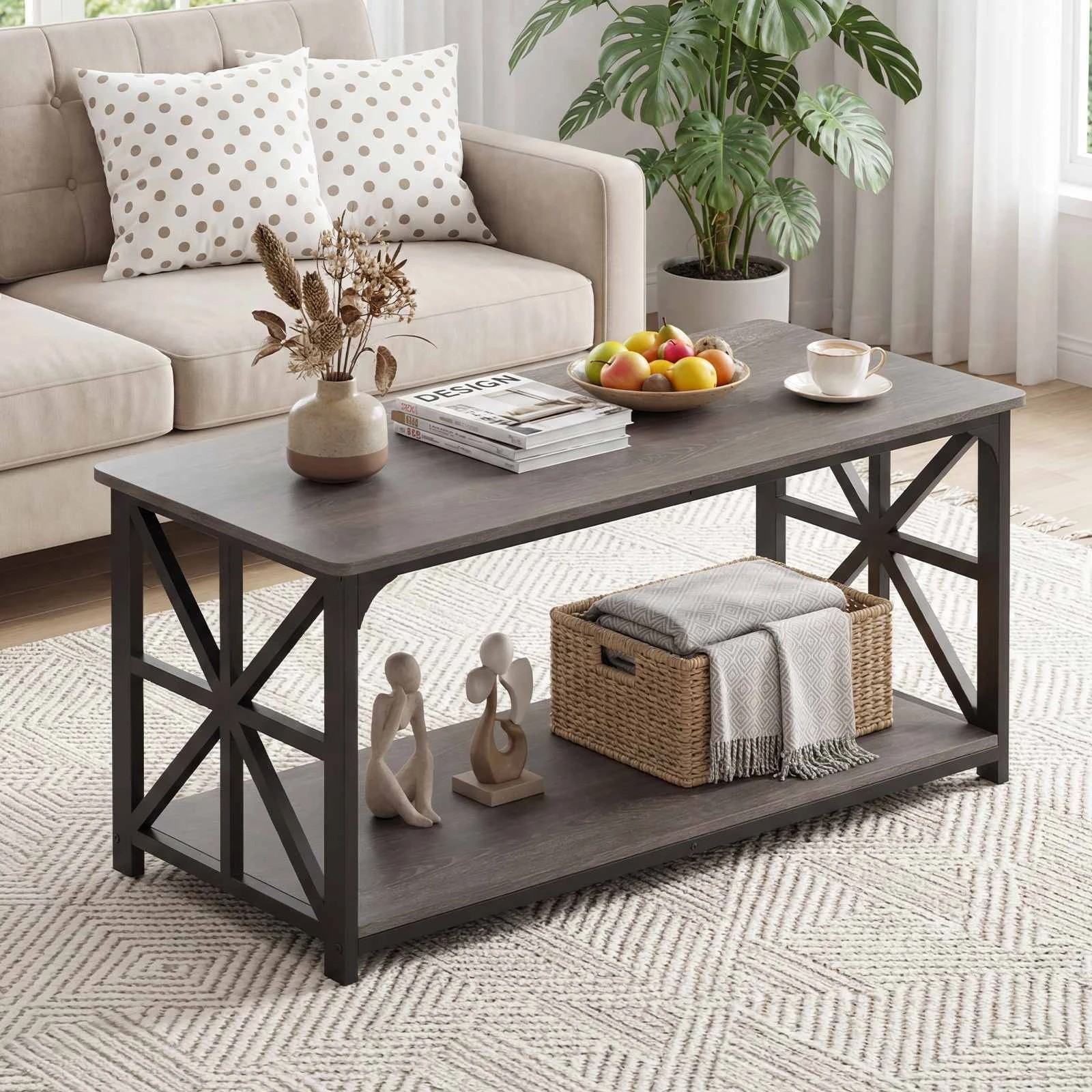 3 Costway 2-Tier Coffee Table Industrial Center Table X Side Frame - Grey, 3 of 4