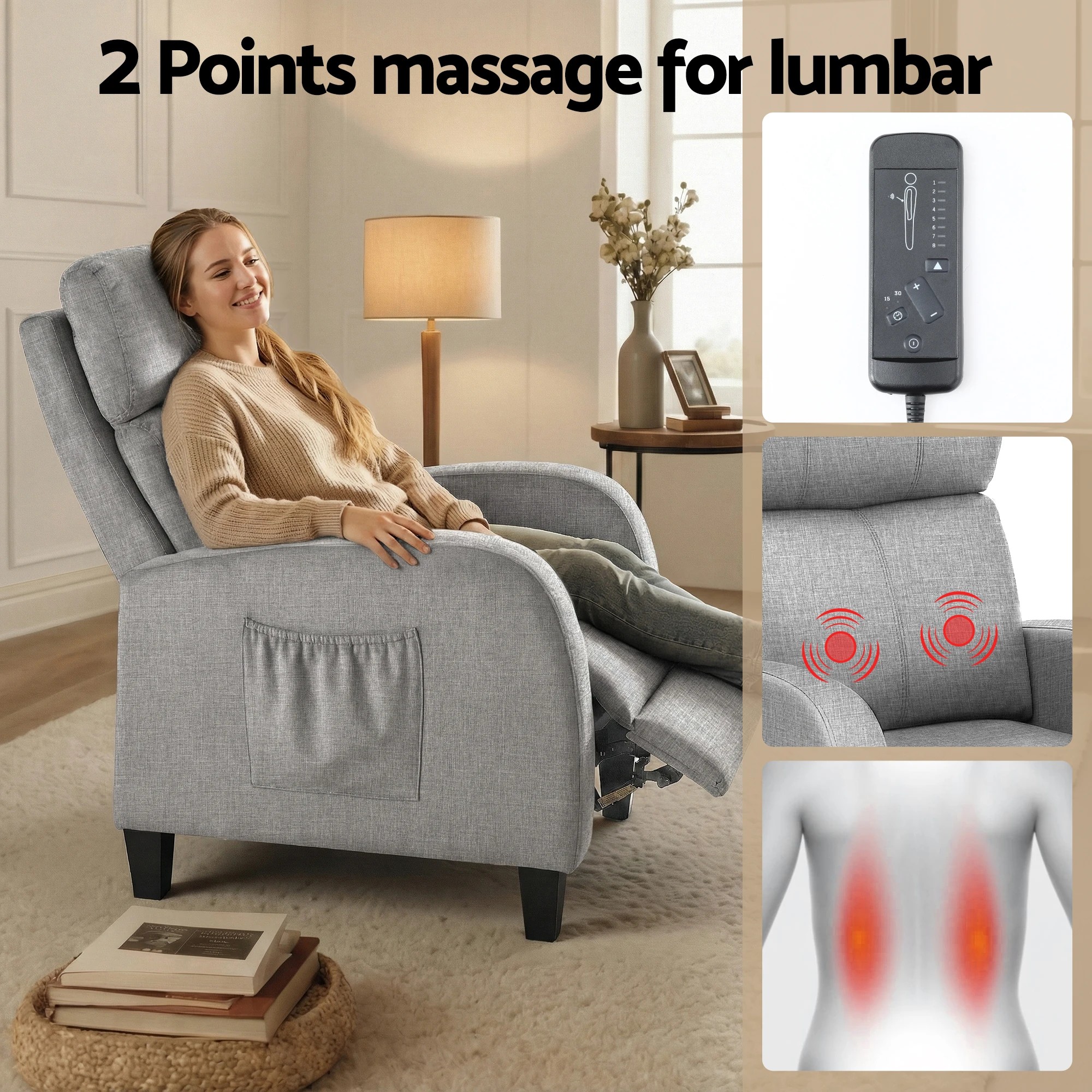 4 Artiss Massage Recliner Chair Small Recliner Sofa for Adults Fabric - Grey, 4 of 6