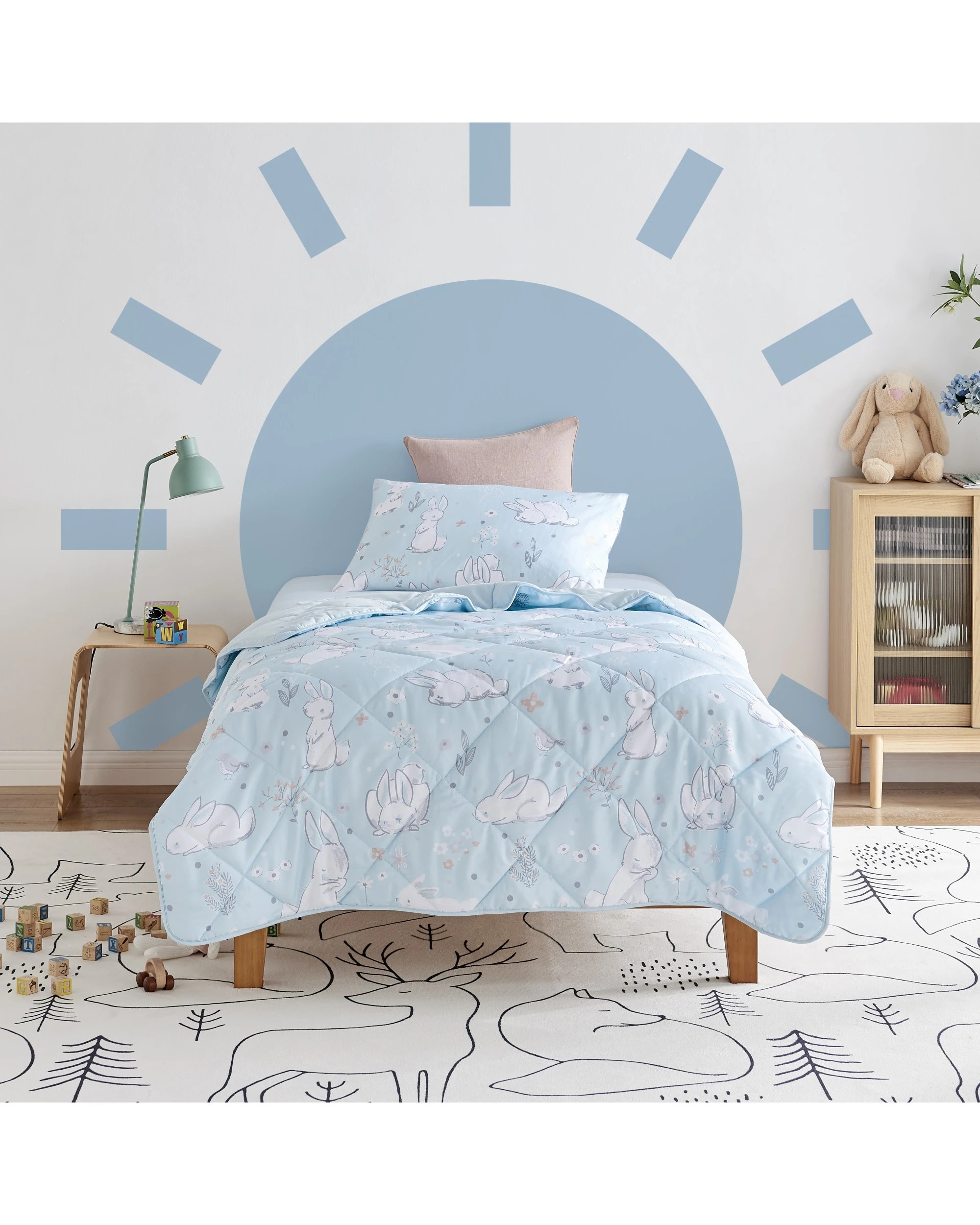 1 Jack & Ava Comforter Set Sleepy Bunnies - King Single Bed - Blue, 1 of 5