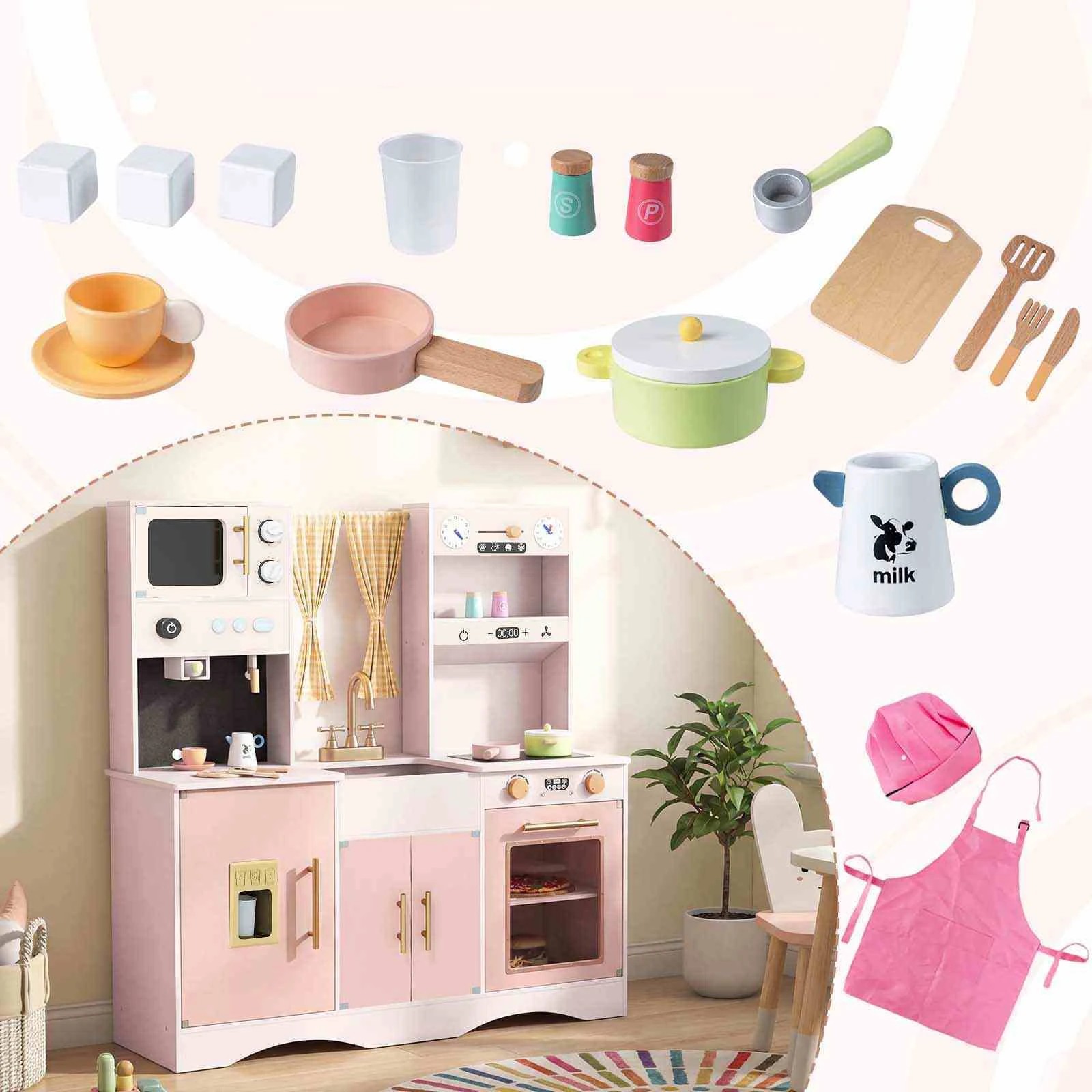 3 Costway Kitchen Playset Wooden Cooking Pretend Toy Set - Pink, 3 of 3