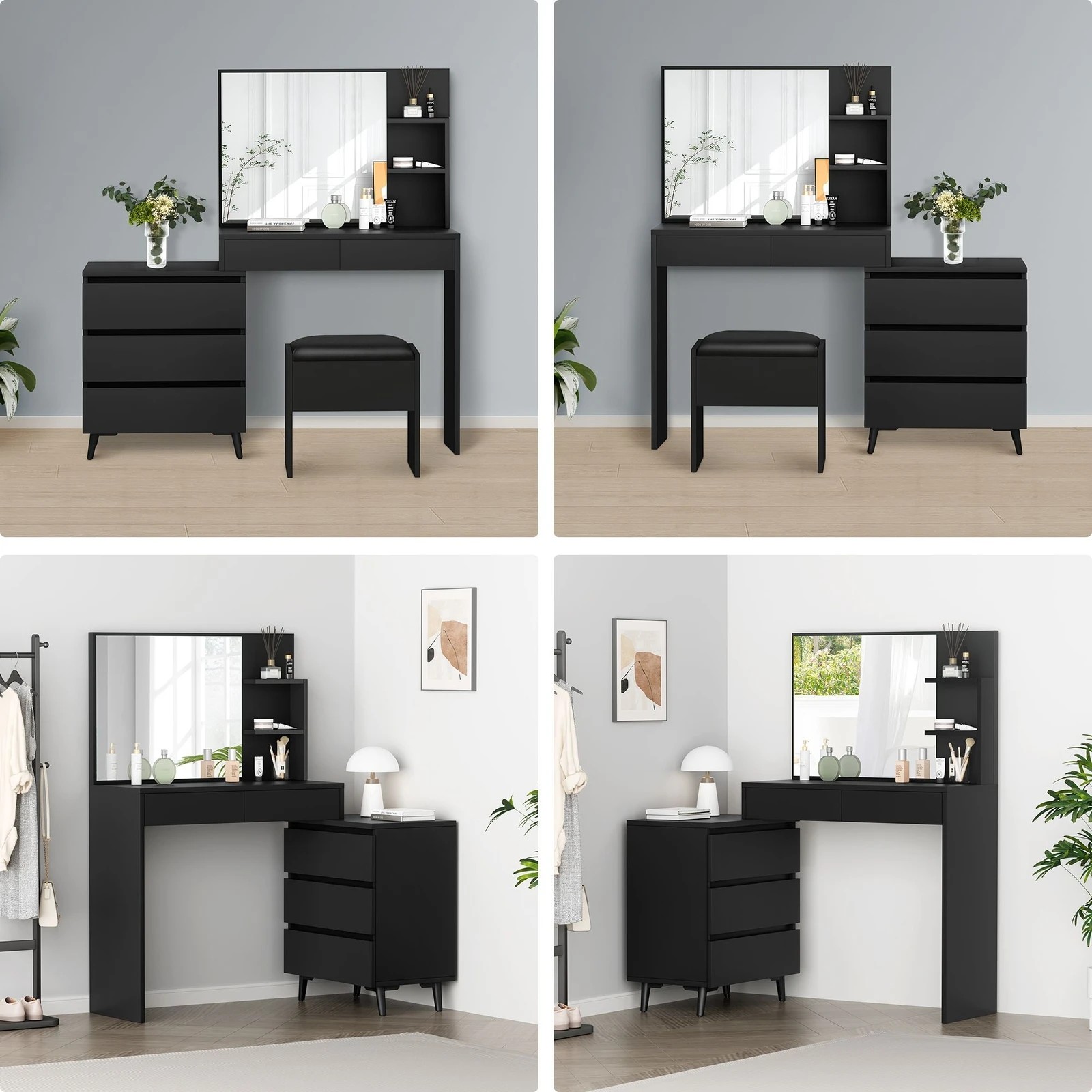 6 Alfordson Dressing Table Stool Set Makeup Mirror Desk Storage Drawers - Black, 6 of 10