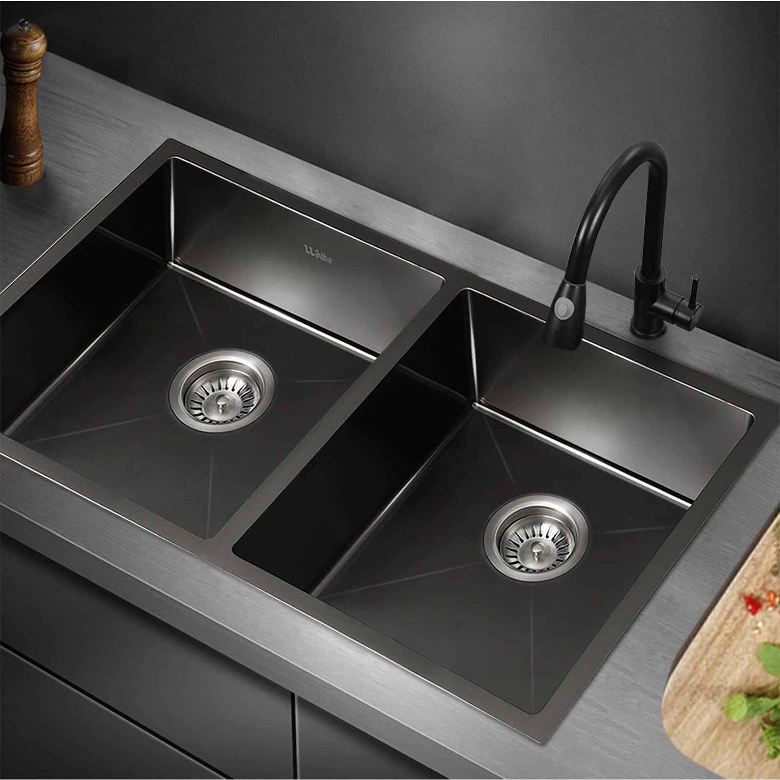 3 Welba Kitchen Sink Stainless Steel Basin Double Under/Top/Flush Mount - Black, 3 of 6