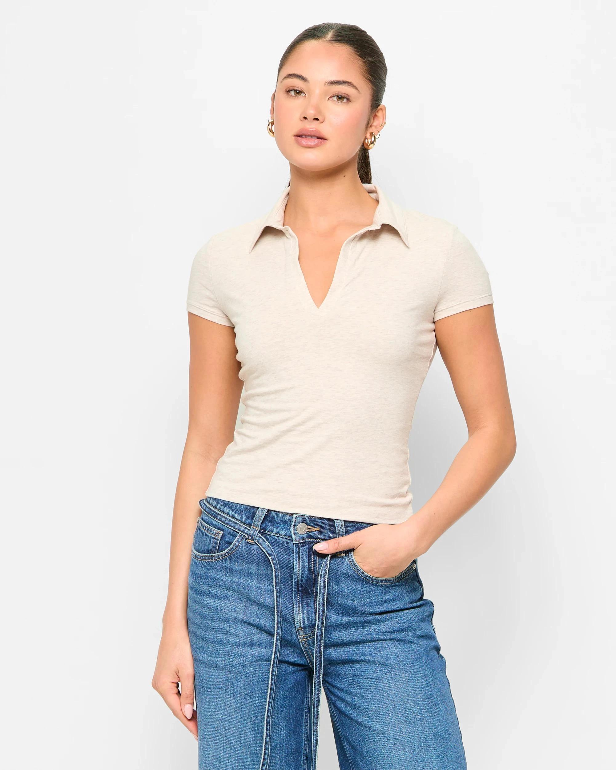1 Australian Cotton Double Layer Polo Top - Lily Loves SOFT OATMEAL, 1 of 5