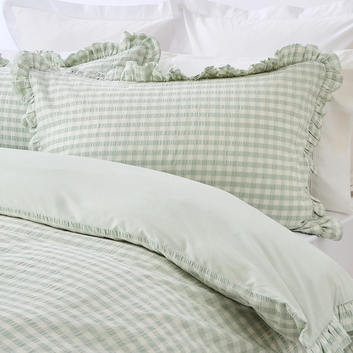 2 Gingham Ruffle Cotton Quilt Cover Set - Super King Bed, Sage, 2 of 6