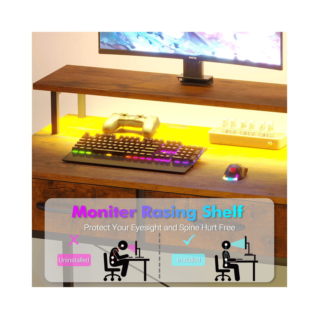 4 Advwin Gaming Desk With Led Lights Power Outlets Reversible Printer Storage Shelf 120cm Walnut, 4 of 10