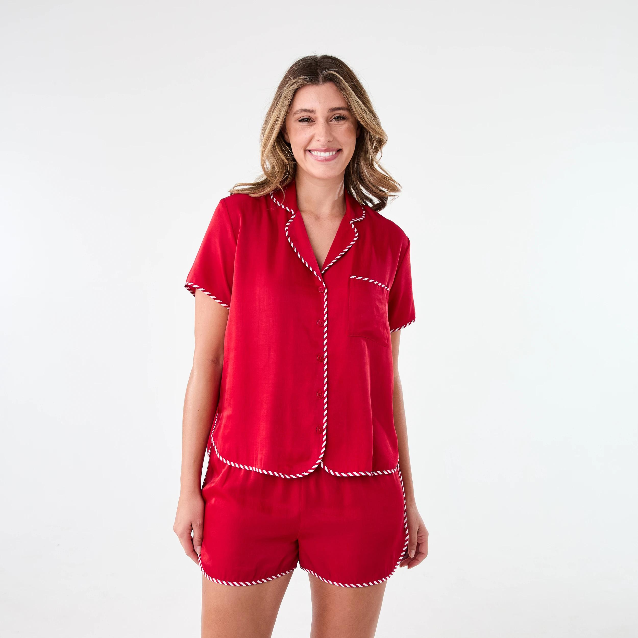1 Christmas Short Sleeve Top and Shorts Matte Satin Pyjama Set Strawberry, 1 of 9
