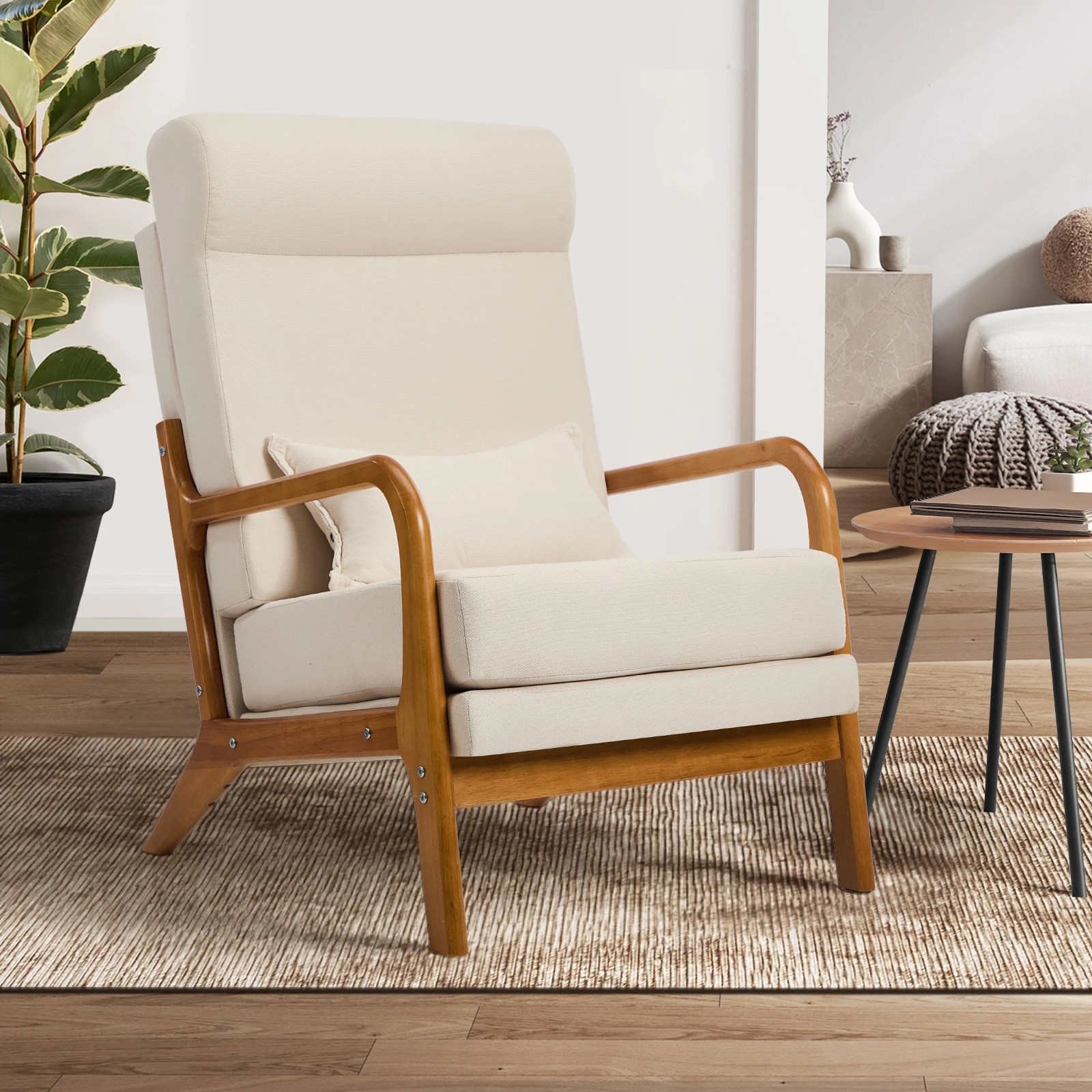 3 Oikiture Armchair Linen Fabric Lounge Chair with Lumbar Pillow - Beige, 3 of 8