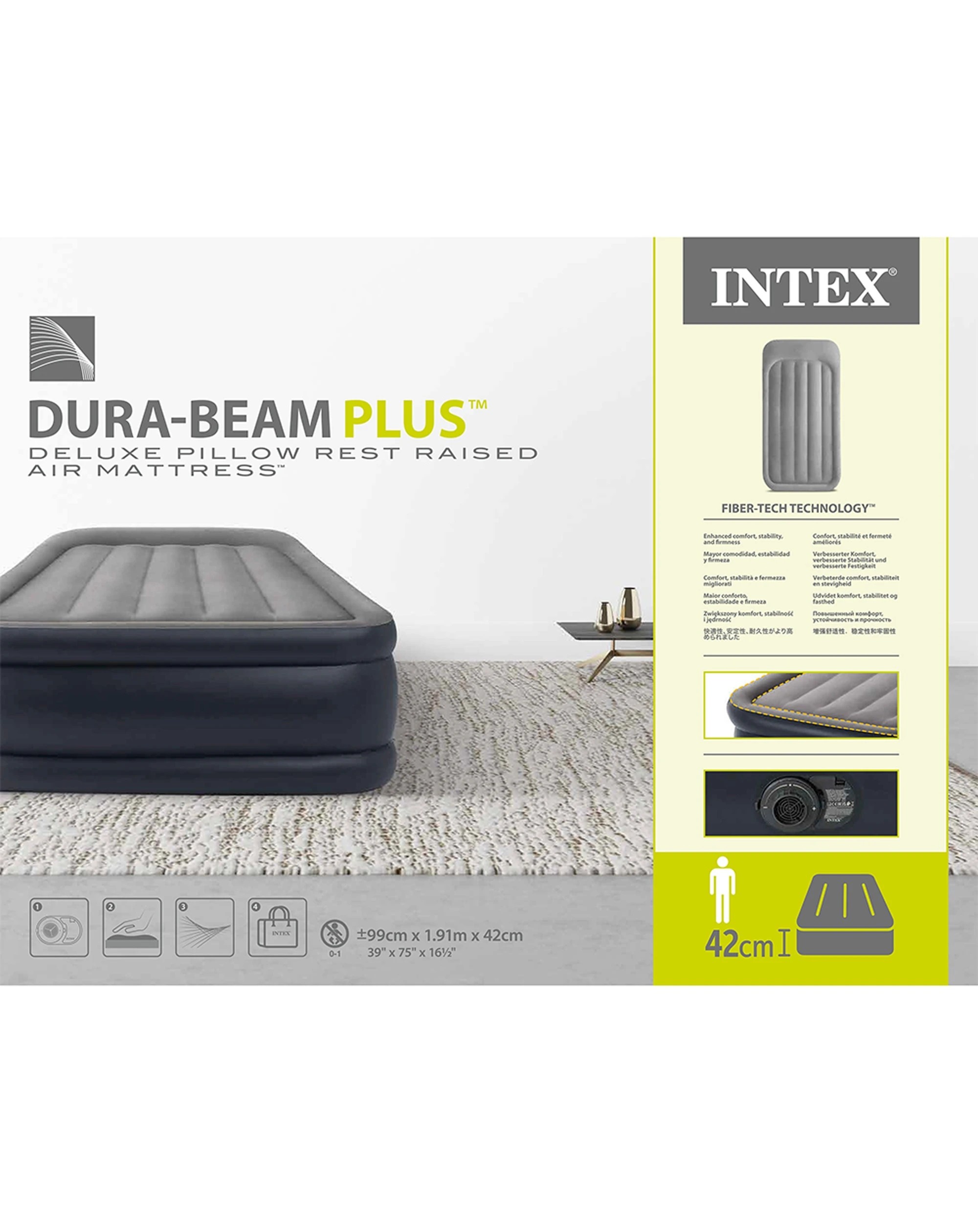 6 Intex Deluxe Inflatable Airbed w/ Fiber-Tech Pillow Rest - Twin Bed - Grey, 6 of 8