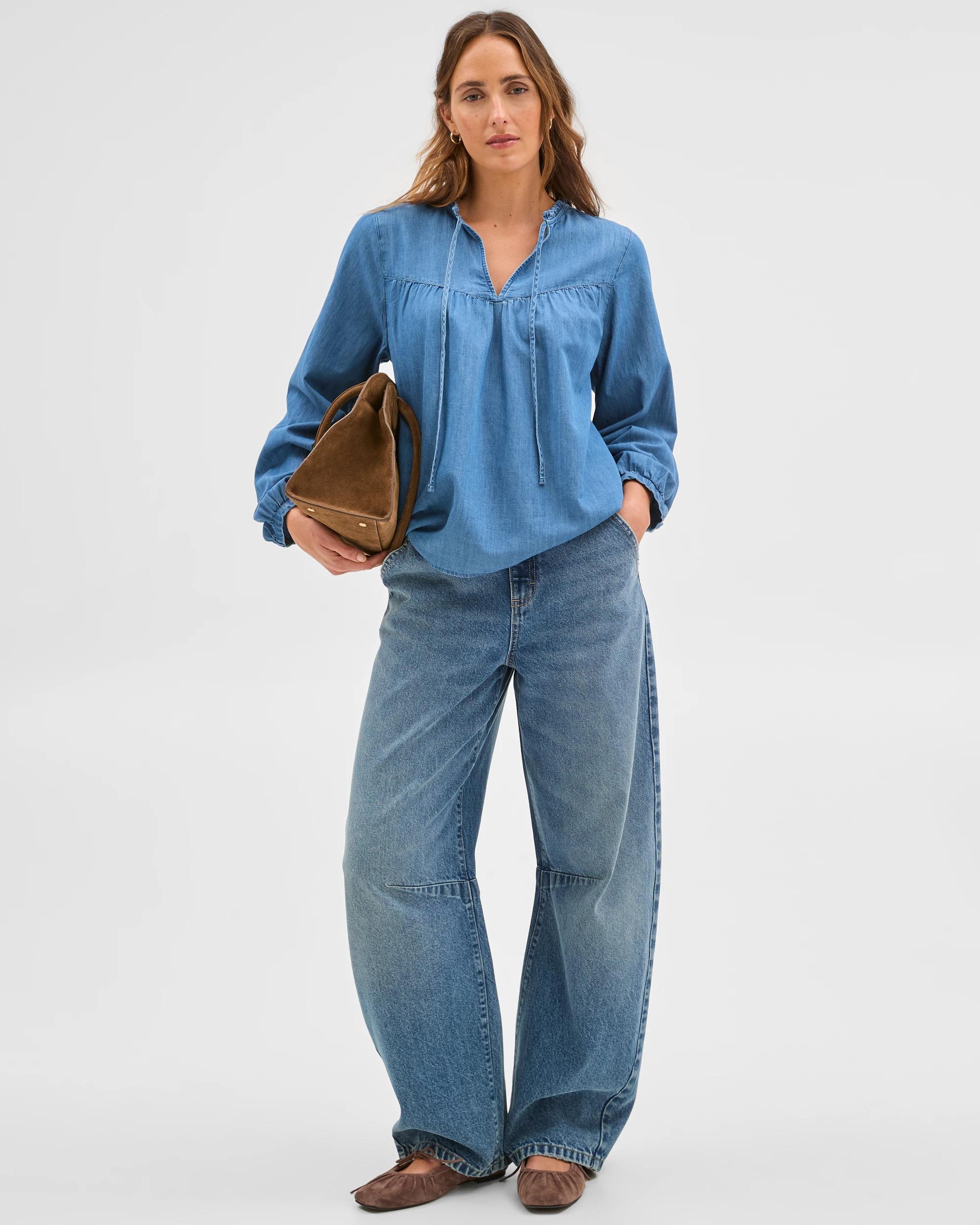 1 Target Woman Long Sleeve Chambray Frill Blouse MID CHAMBRAY, 1 of 7