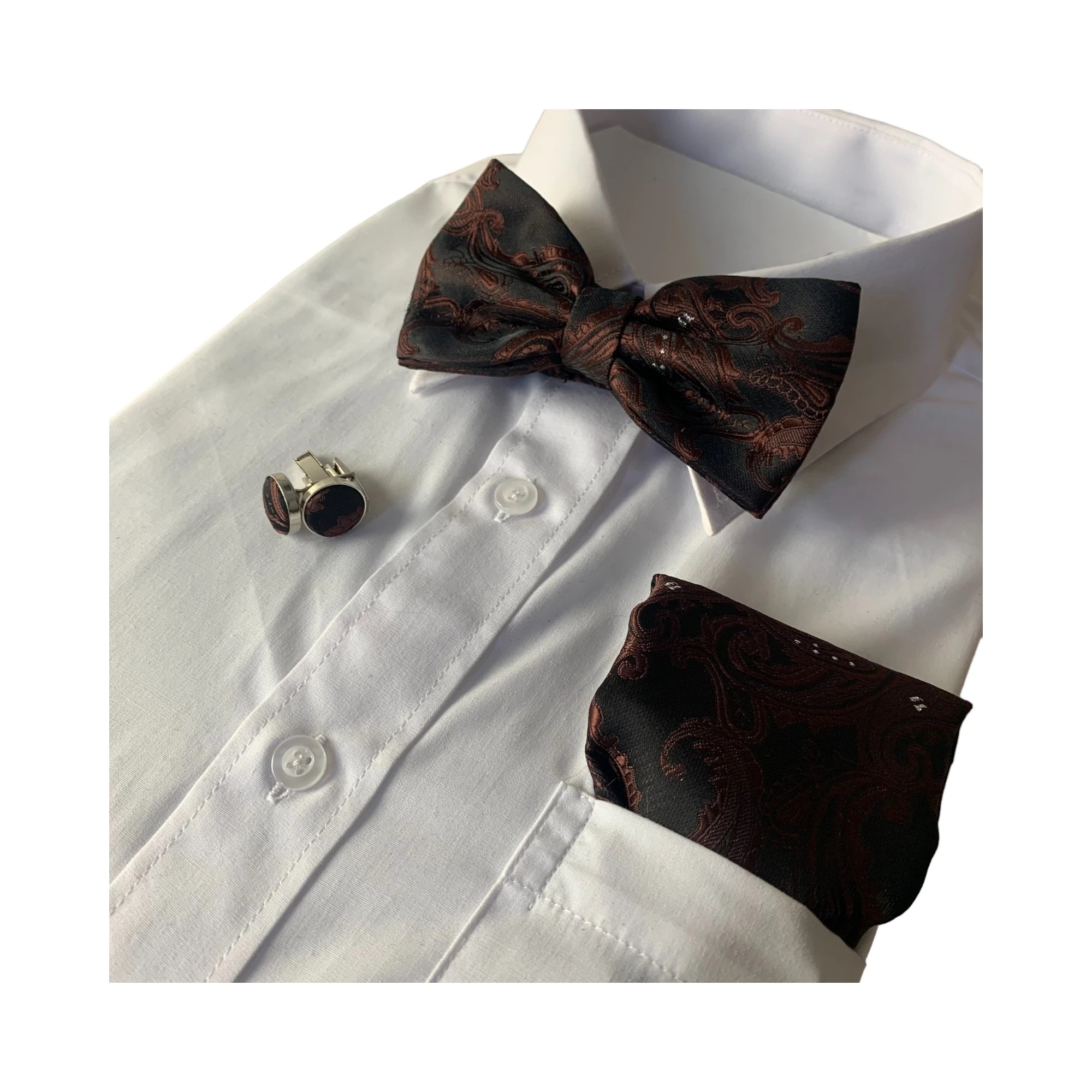 3 Zasel Mens Dark Brown Paisley Tinsel Matching Bow Tie, Pocket Square & Cuff Links Set - Multi, 3 of 4