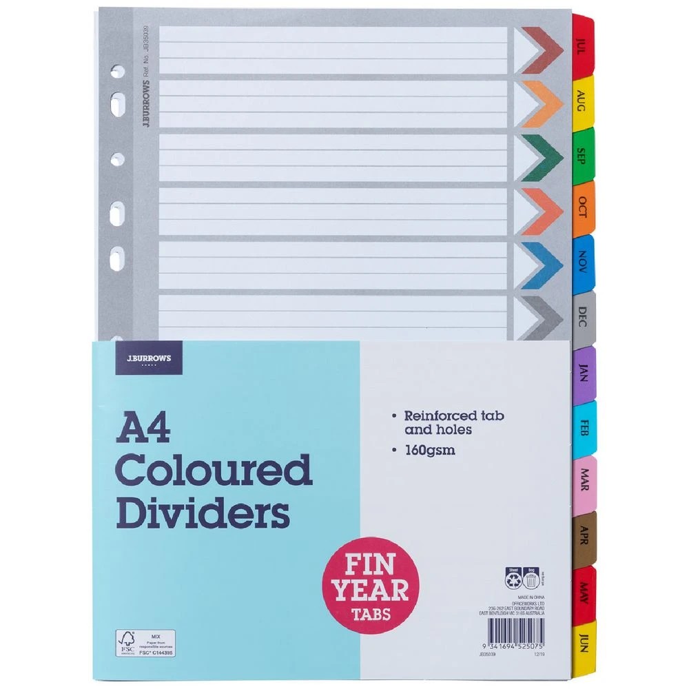 1 J.Burrows A4 Financial Year Tab Dividers Paper 12 Pack, 1 of 3
