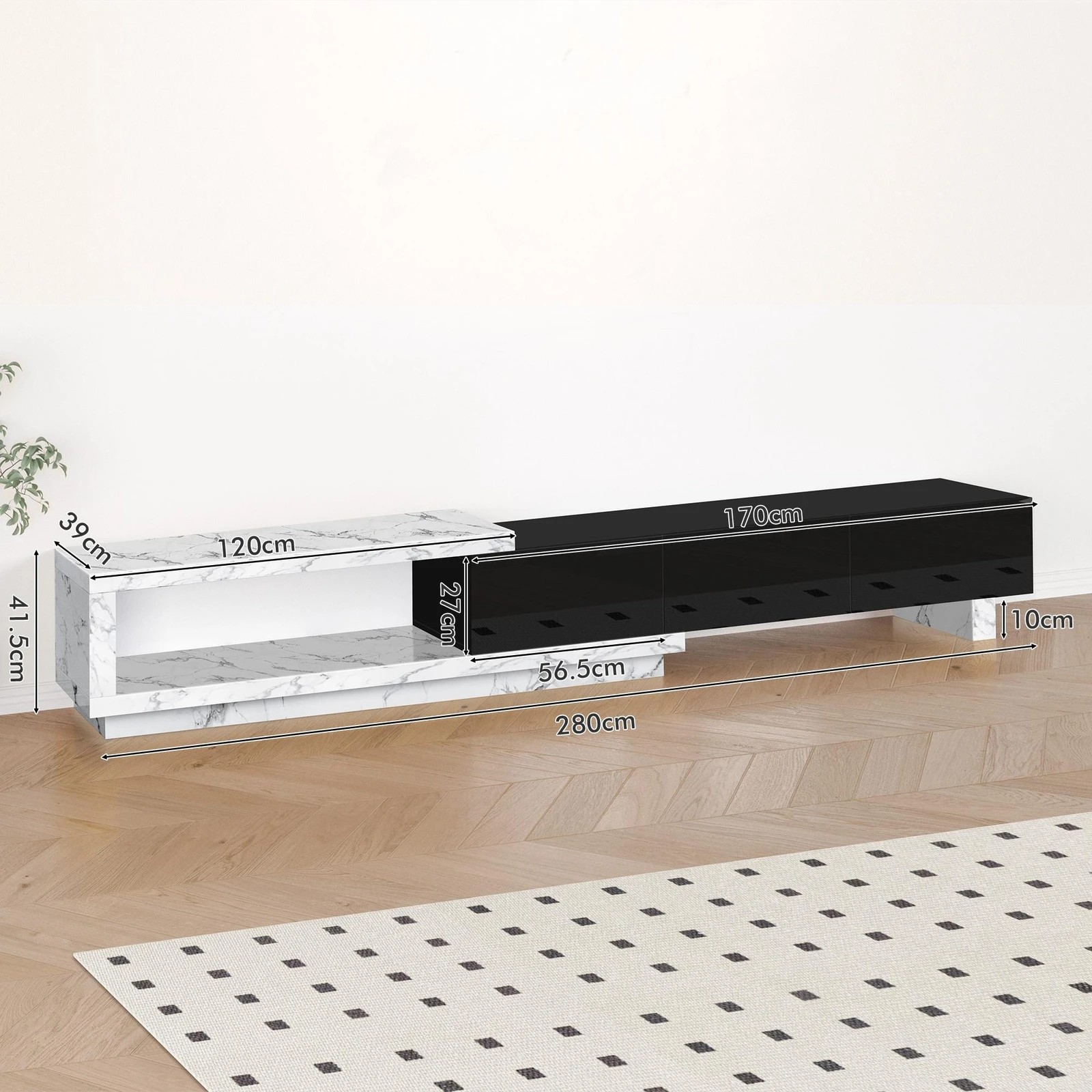 7 Alfordson 190-280cm Extendable Entertainment Unit TV Stand Cabinet Drawer - Marble Black, 7 of 9