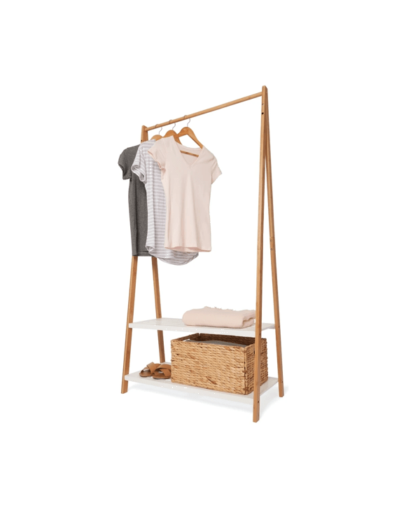 Bamboo Garment Rack with White Shelves