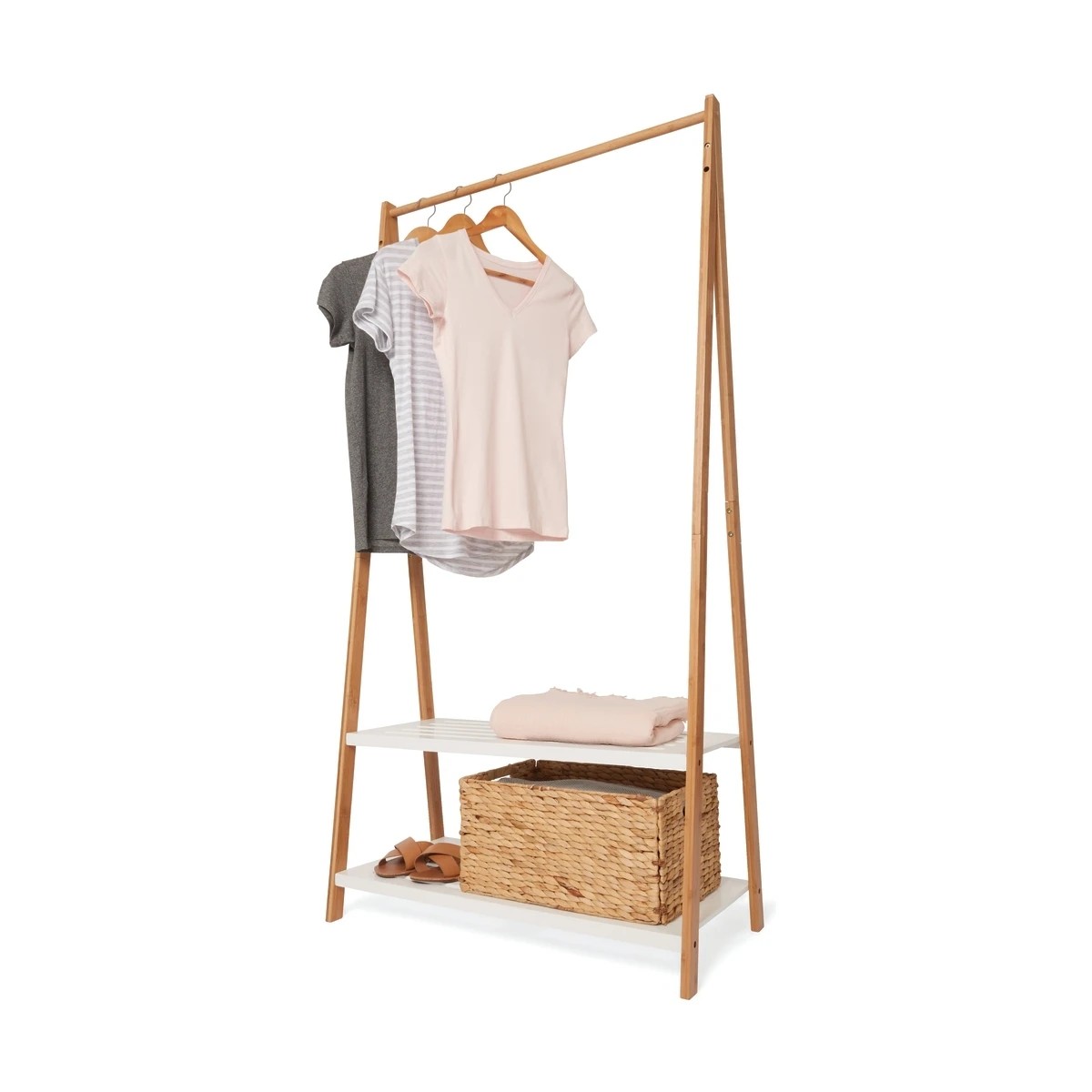 1 Bamboo Garment Rack with White Shelves, 1 of 4