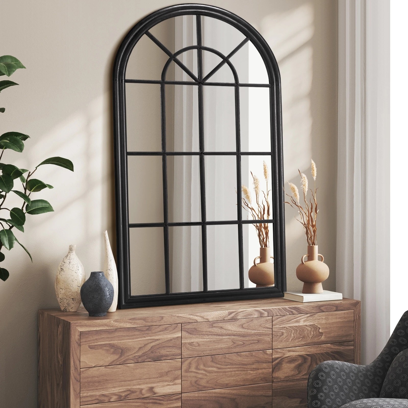2 Oikiture Wooden Window Mirror Arched Wall Mirrors Decor 130x70cm
 - Black, 2 of 9