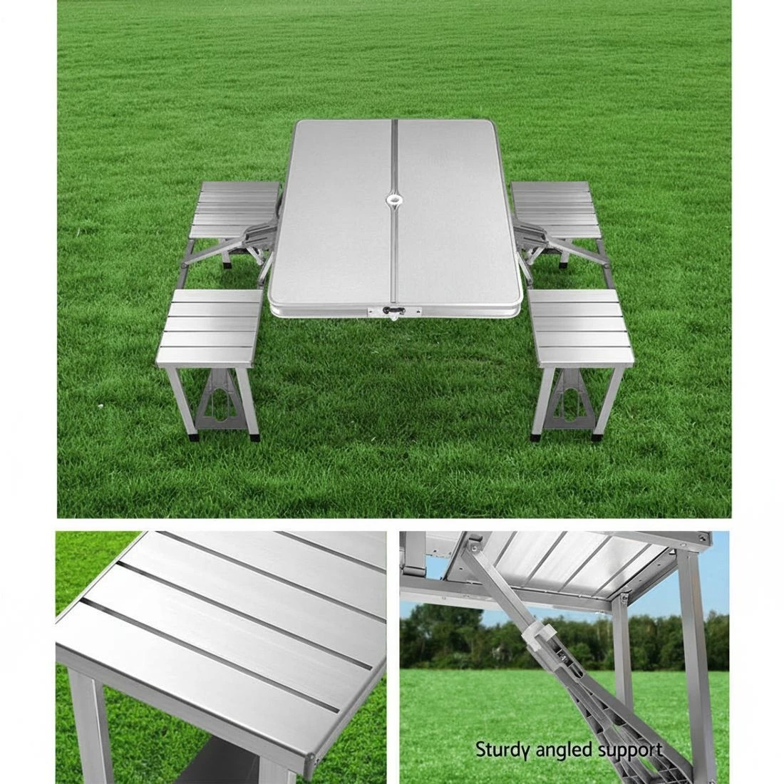 6 Weisshorn Folding Camping Table Outdoor Picnic BBQ With 2 Bench Chairs Set - Silver, 6 of 6
